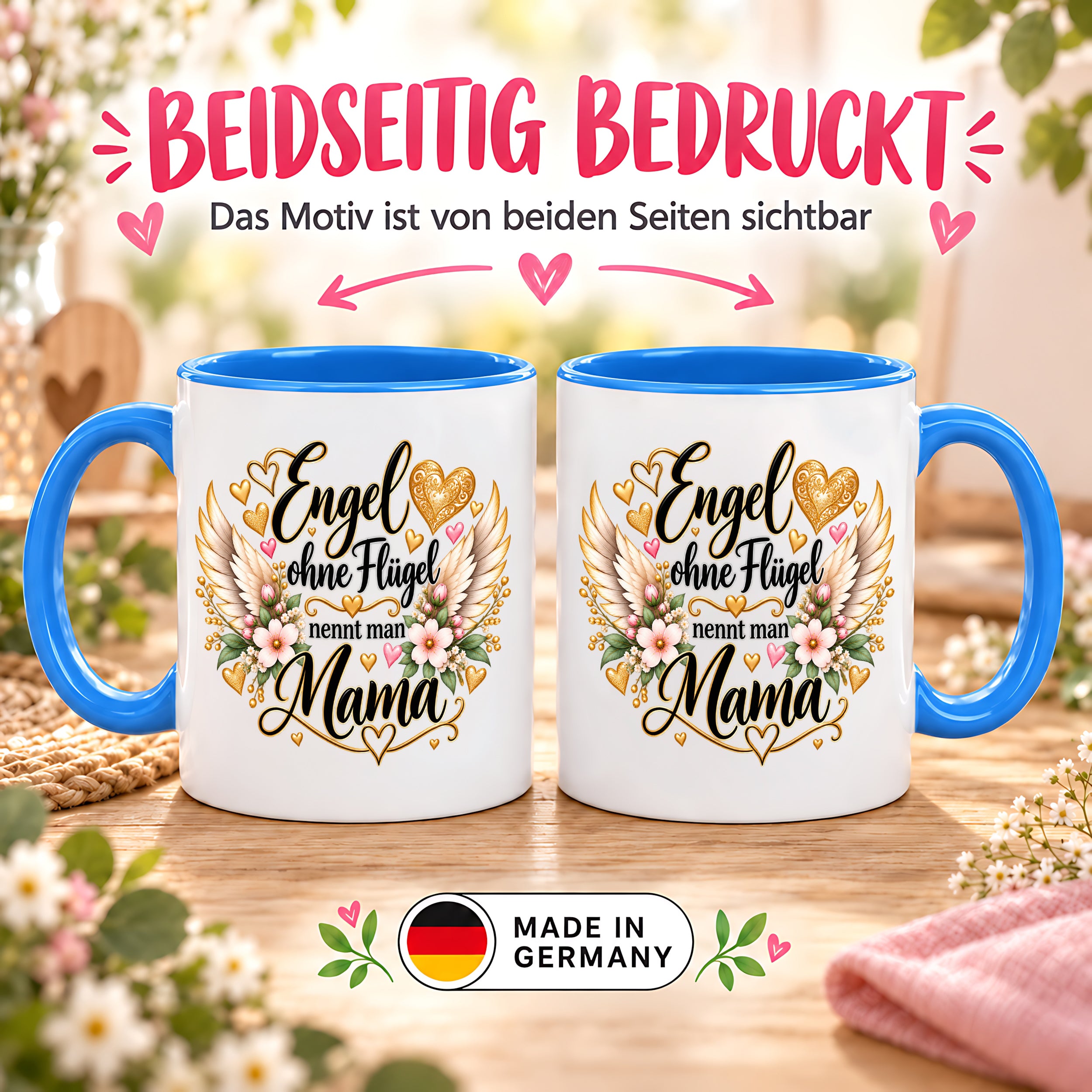 Herzbotschaft Tasse für Mama, Engel ohne Flügel nennt man Mama, liebevolles Geschenk für Mutter mit Engelsflügeln, Geschenkidee zum Muttertag, Geburtstag, Weihnachten oder einfach so, 330 ml Keramiktasse