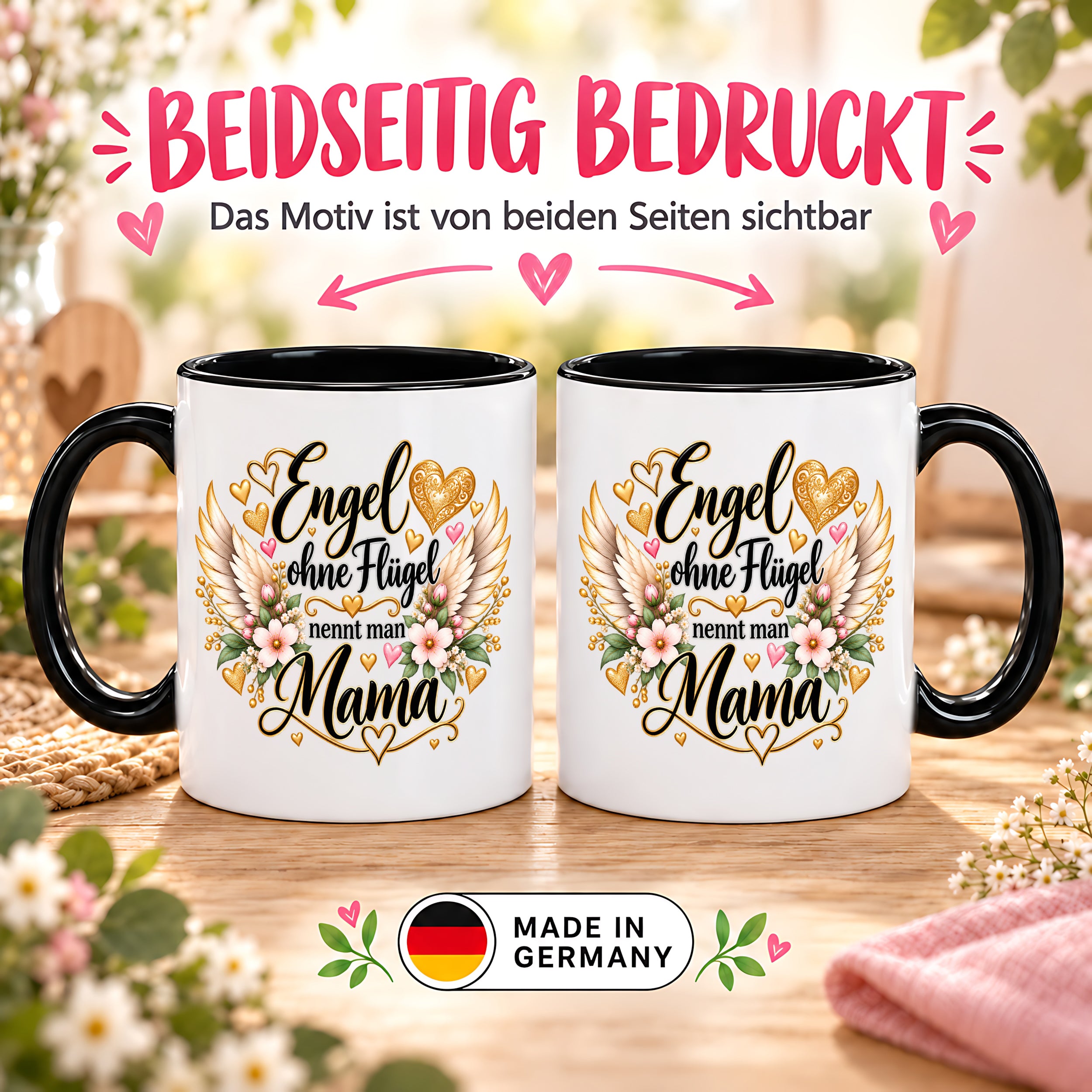 Herzbotschaft Tasse für Mama, Engel ohne Flügel nennt man Mama, liebevolles Geschenk für Mutter mit Engelsflügeln, Geschenkidee zum Muttertag, Geburtstag, Weihnachten oder einfach so, 330 ml Keramiktasse