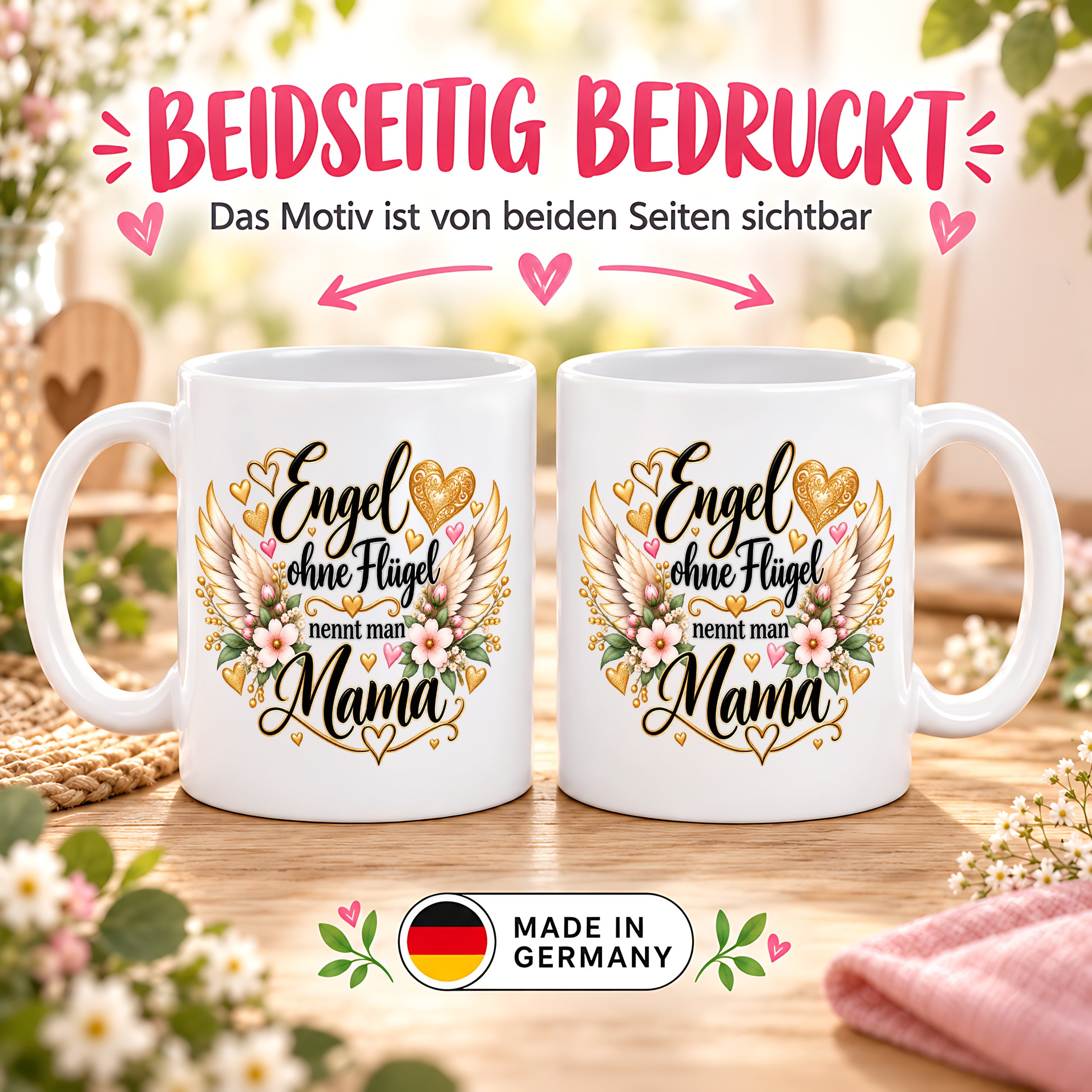 Herzbotschaft Tasse für Mama, Engel ohne Flügel nennt man Mama, liebevolles Geschenk für Mutter mit Engelsflügeln, Geschenkidee zum Muttertag, Geburtstag, Weihnachten oder einfach so, 330 ml Keramiktasse