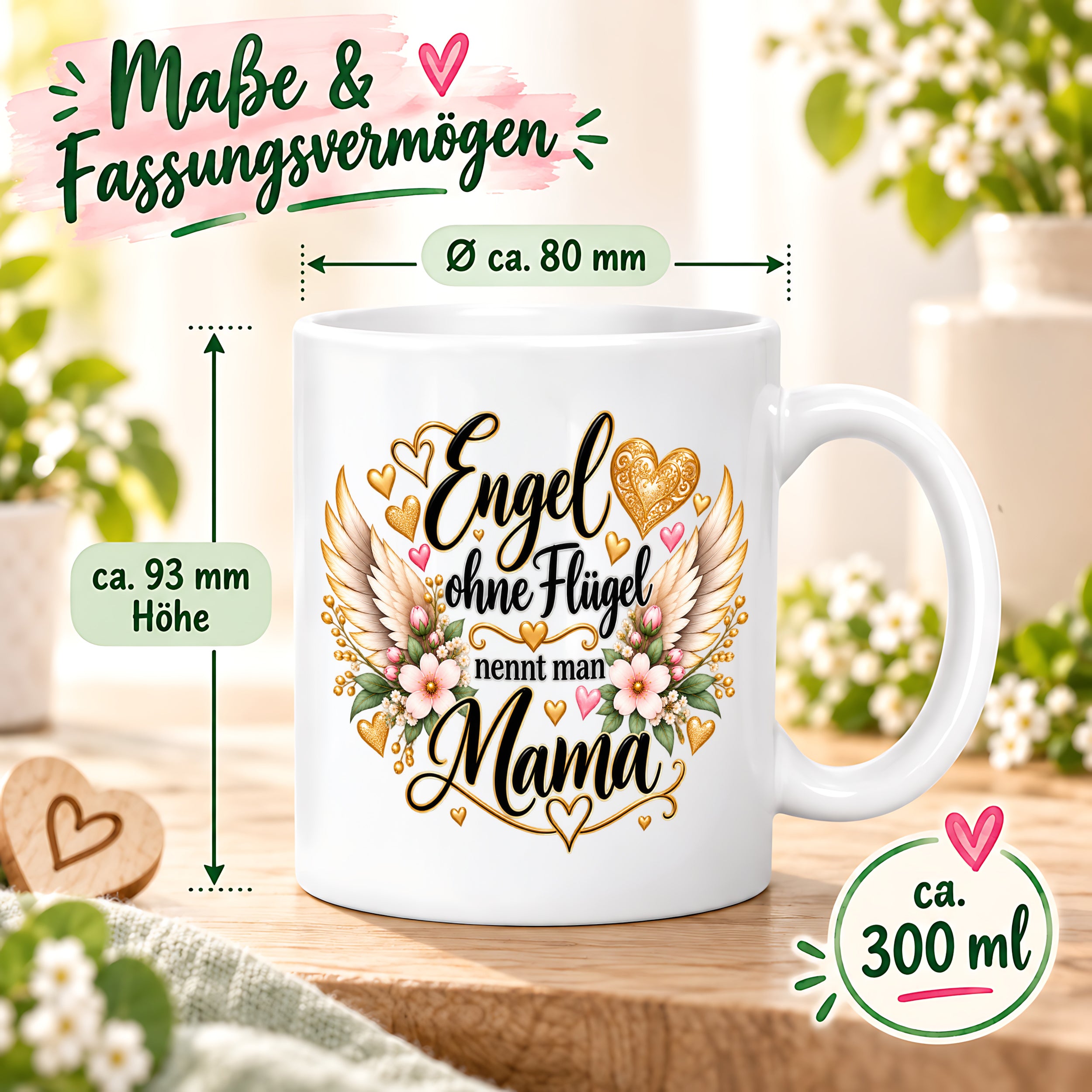 Herzbotschaft Tasse für Mama, Engel ohne Flügel nennt man Mama, liebevolles Geschenk für Mutter mit Engelsflügeln, Geschenkidee zum Muttertag, Geburtstag, Weihnachten oder einfach so, 330 ml Keramiktasse