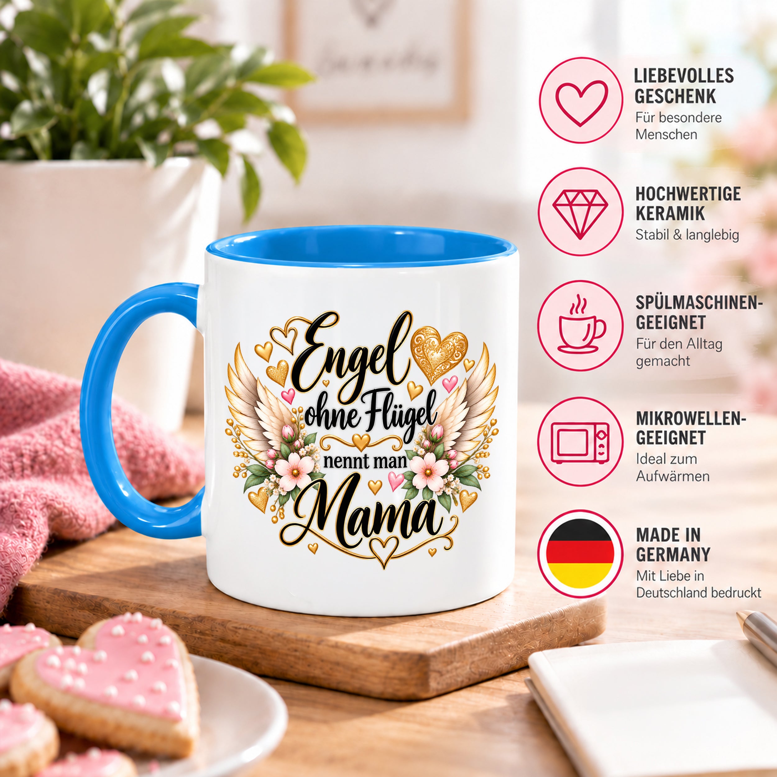 Herzbotschaft Tasse für Mama, Engel ohne Flügel nennt man Mama, liebevolles Geschenk für Mutter mit Engelsflügeln, Geschenkidee zum Muttertag, Geburtstag, Weihnachten oder einfach so, 330 ml Keramiktasse