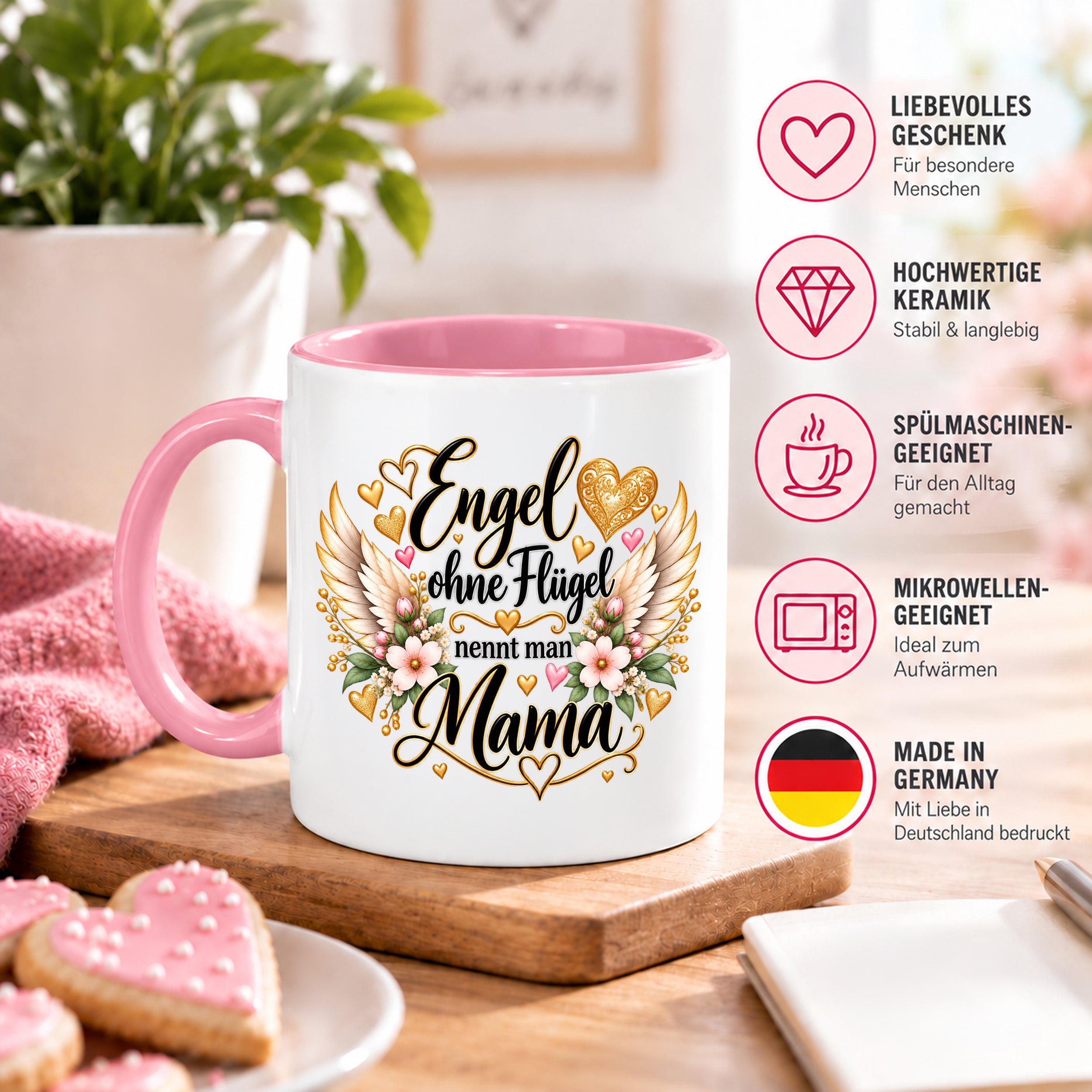 Herzbotschaft Tasse für Mama, Engel ohne Flügel nennt man Mama, liebevolles Geschenk für Mutter mit Engelsflügeln, Geschenkidee zum Muttertag, Geburtstag, Weihnachten oder einfach so, 330 ml Keramiktasse