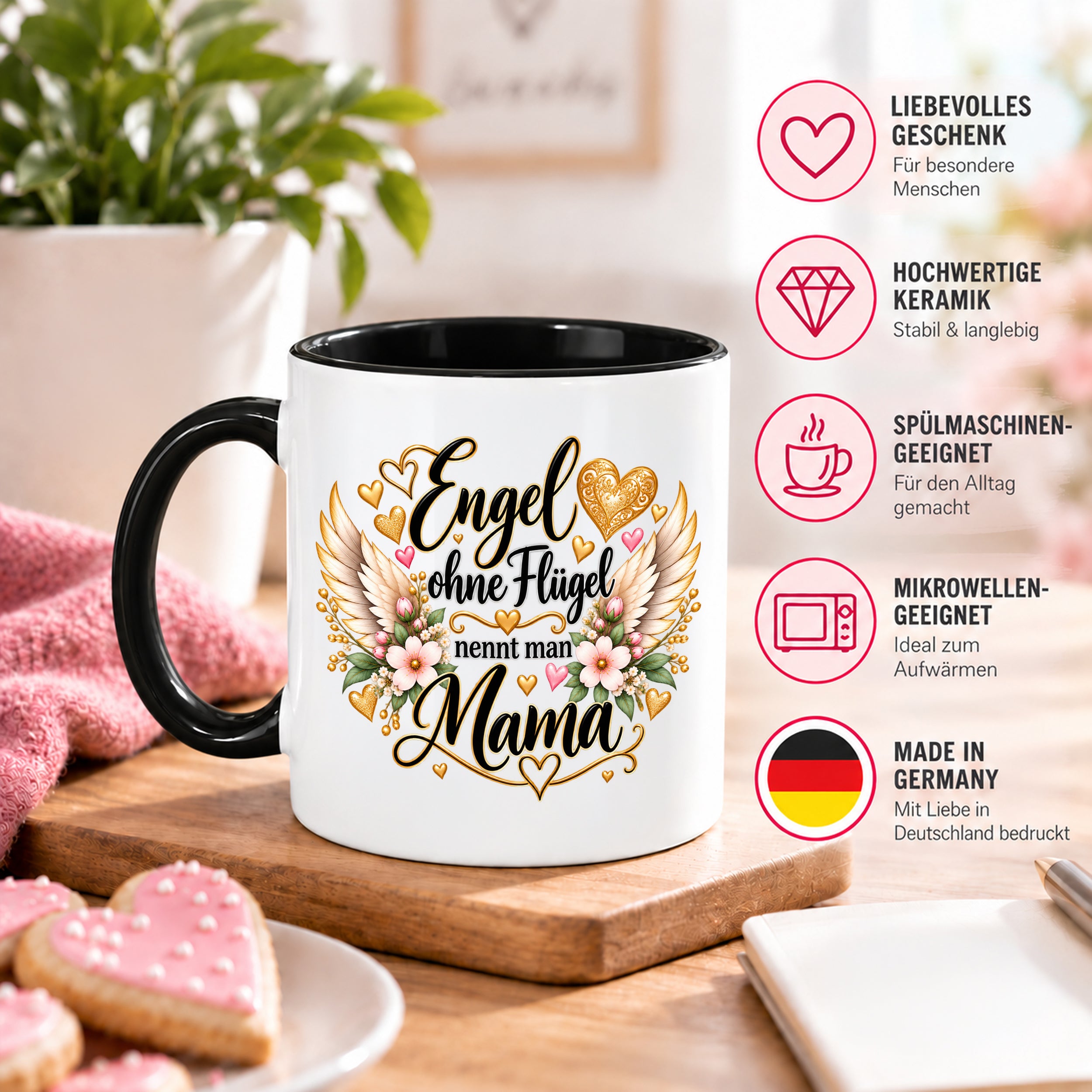 Herzbotschaft Tasse für Mama, Engel ohne Flügel nennt man Mama, liebevolles Geschenk für Mutter mit Engelsflügeln, Geschenkidee zum Muttertag, Geburtstag, Weihnachten oder einfach so, 330 ml Keramiktasse