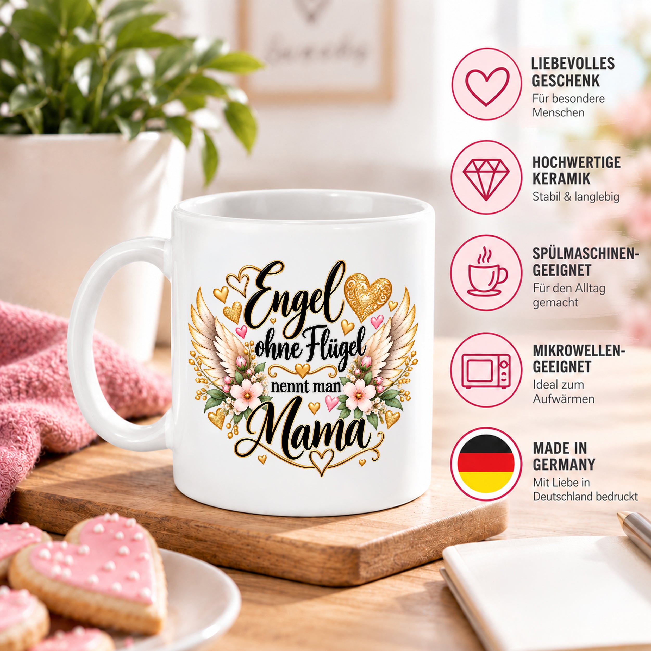 Herzbotschaft Tasse für Mama, Engel ohne Flügel nennt man Mama, liebevolles Geschenk für Mutter mit Engelsflügeln, Geschenkidee zum Muttertag, Geburtstag, Weihnachten oder einfach so, 330 ml Keramiktasse
