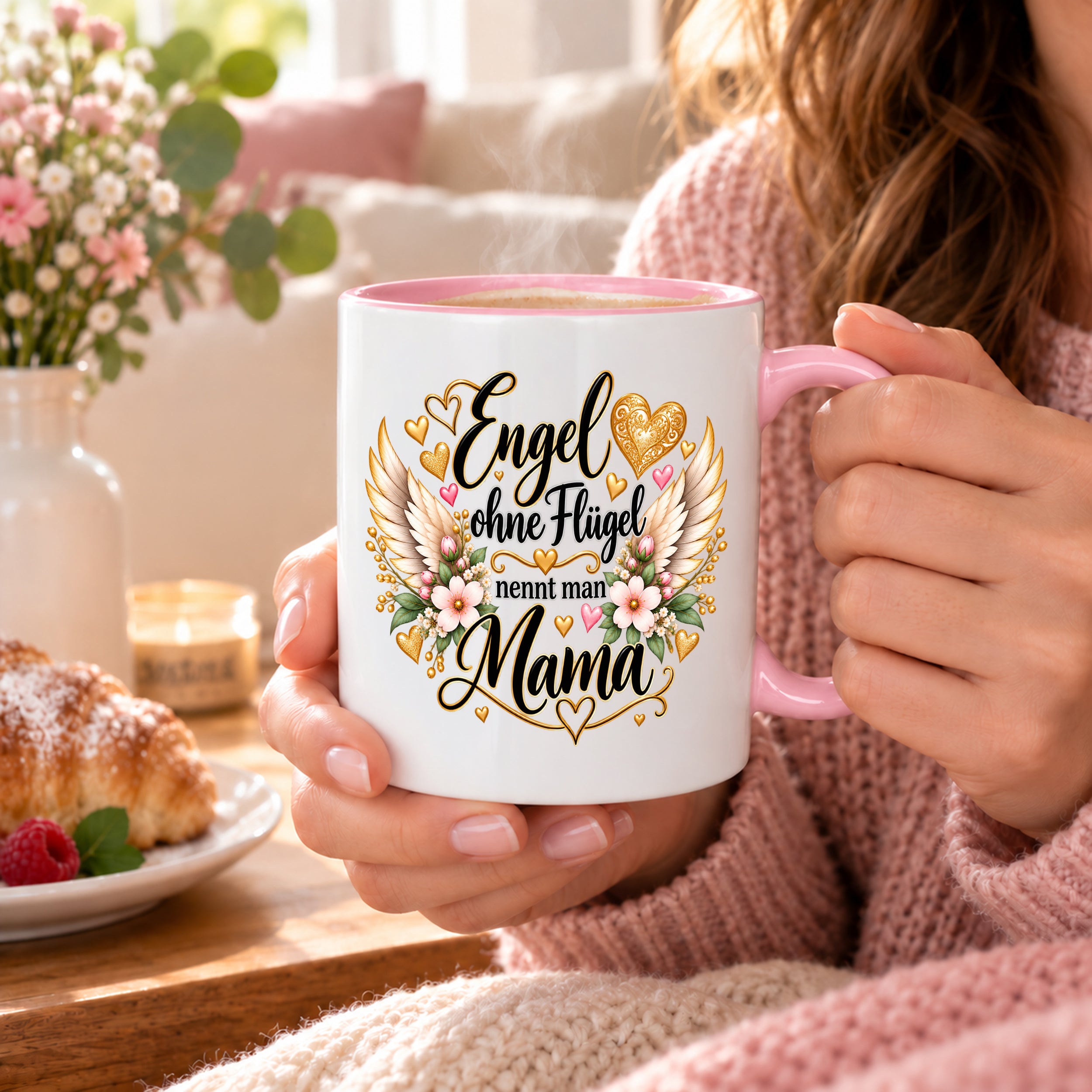Herzbotschaft Tasse für Mama, Engel ohne Flügel nennt man Mama, liebevolles Geschenk für Mutter mit Engelsflügeln, Geschenkidee zum Muttertag, Geburtstag, Weihnachten oder einfach so, 330 ml Keramiktasse