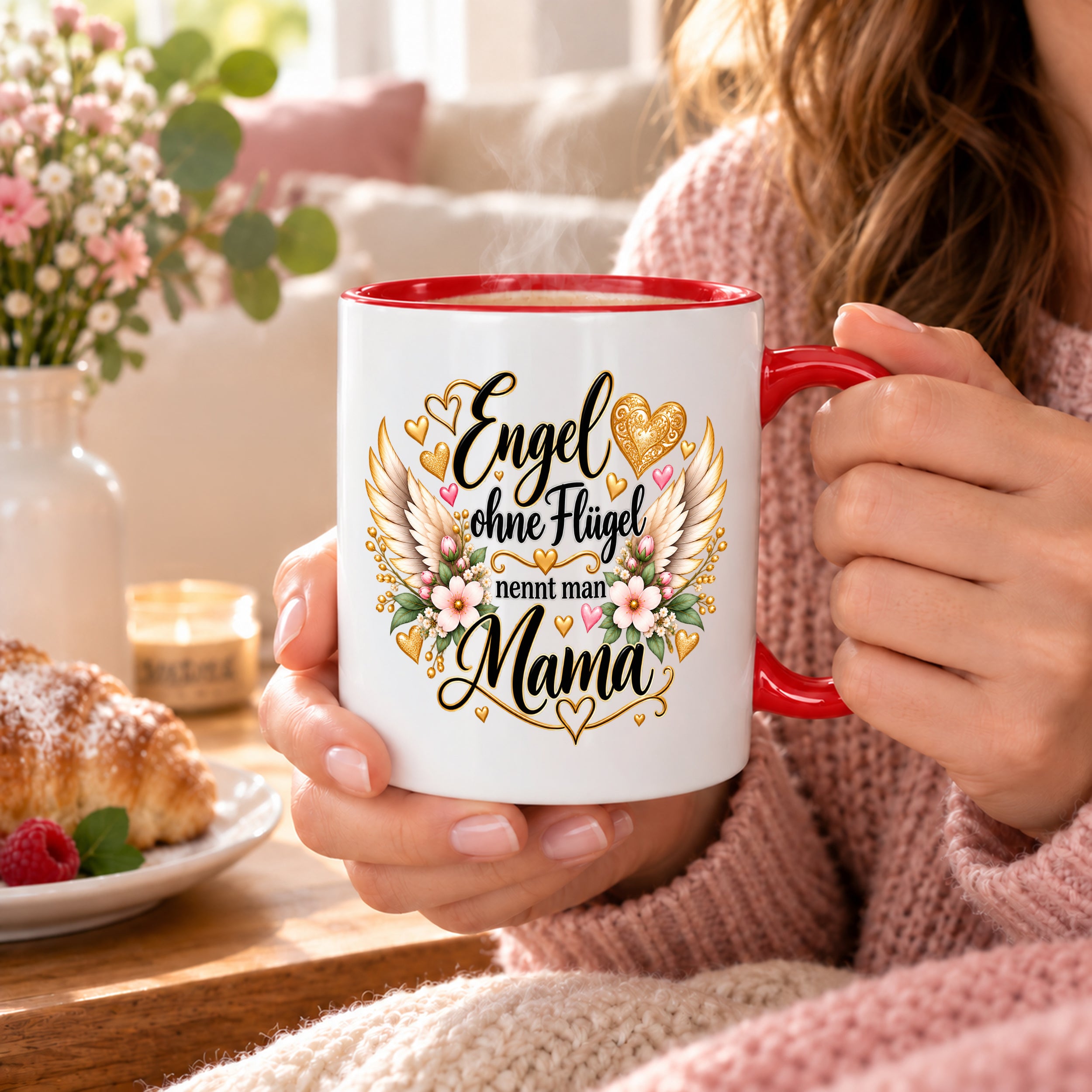 Herzbotschaft Tasse für Mama, Engel ohne Flügel nennt man Mama, liebevolles Geschenk für Mutter mit Engelsflügeln, Geschenkidee zum Muttertag, Geburtstag, Weihnachten oder einfach so, 330 ml Keramiktasse