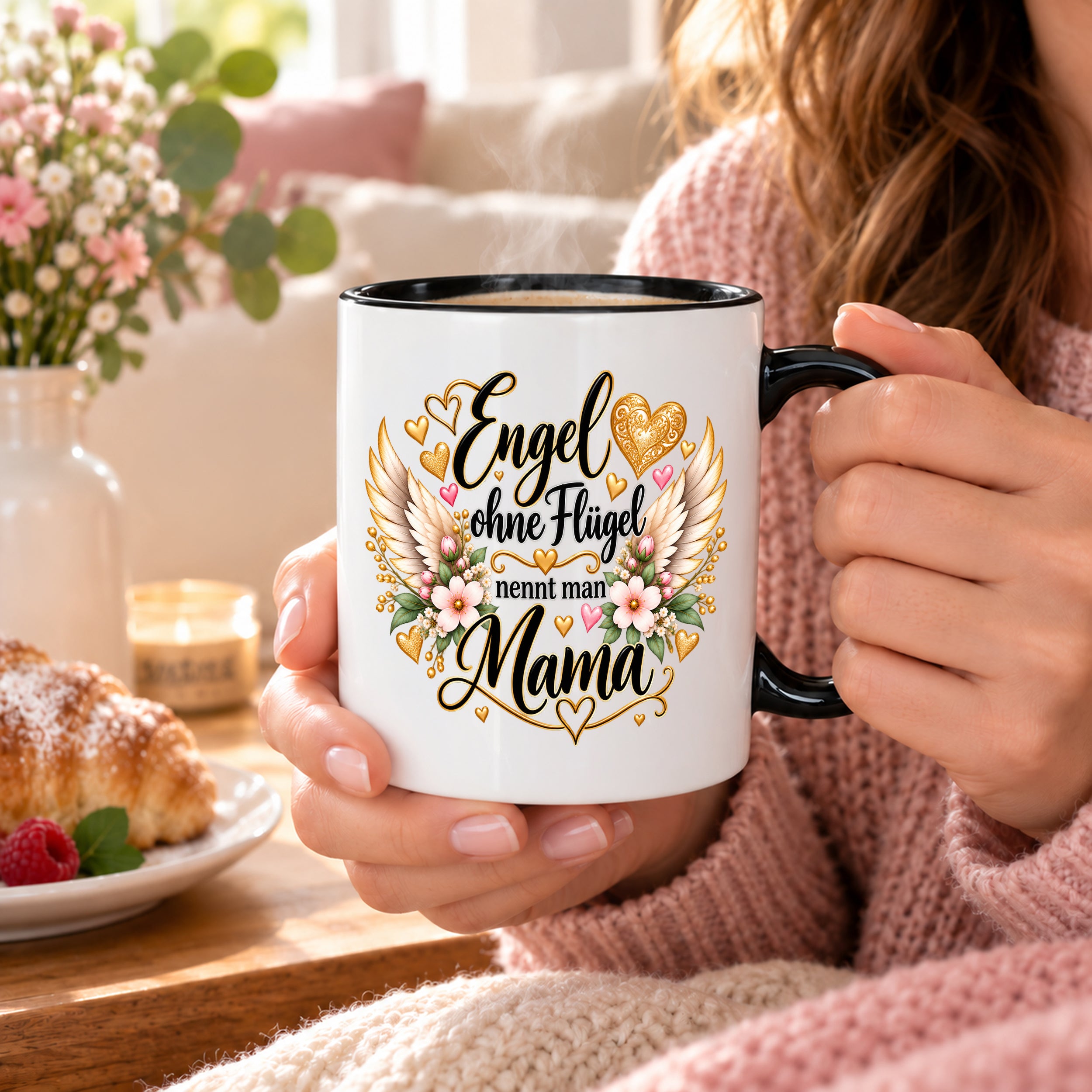 Herzbotschaft Tasse für Mama, Engel ohne Flügel nennt man Mama, liebevolles Geschenk für Mutter mit Engelsflügeln, Geschenkidee zum Muttertag, Geburtstag, Weihnachten oder einfach so, 330 ml Keramiktasse