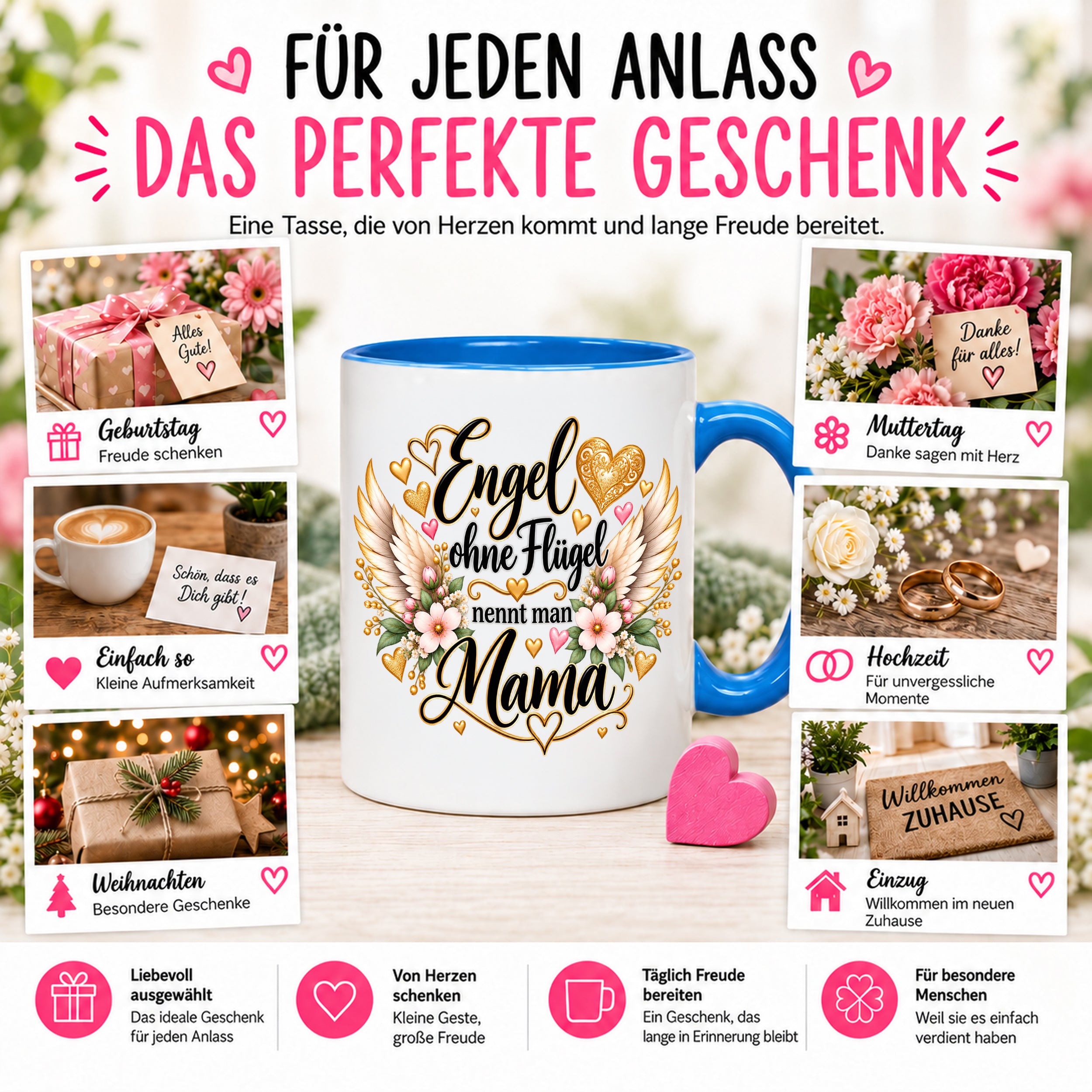 Herzbotschaft Tasse für Mama, Engel ohne Flügel nennt man Mama, liebevolles Geschenk für Mutter mit Engelsflügeln, Geschenkidee zum Muttertag, Geburtstag, Weihnachten oder einfach so, 330 ml Keramiktasse