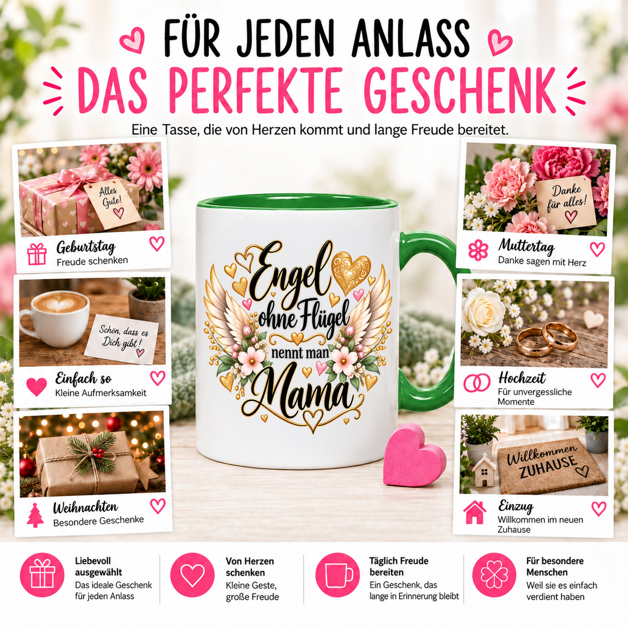 Herzbotschaft Tasse für Mama, Engel ohne Flügel nennt man Mama, liebevolles Geschenk für Mutter mit Engelsflügeln, Geschenkidee zum Muttertag, Geburtstag, Weihnachten oder einfach so, 330 ml Keramiktasse