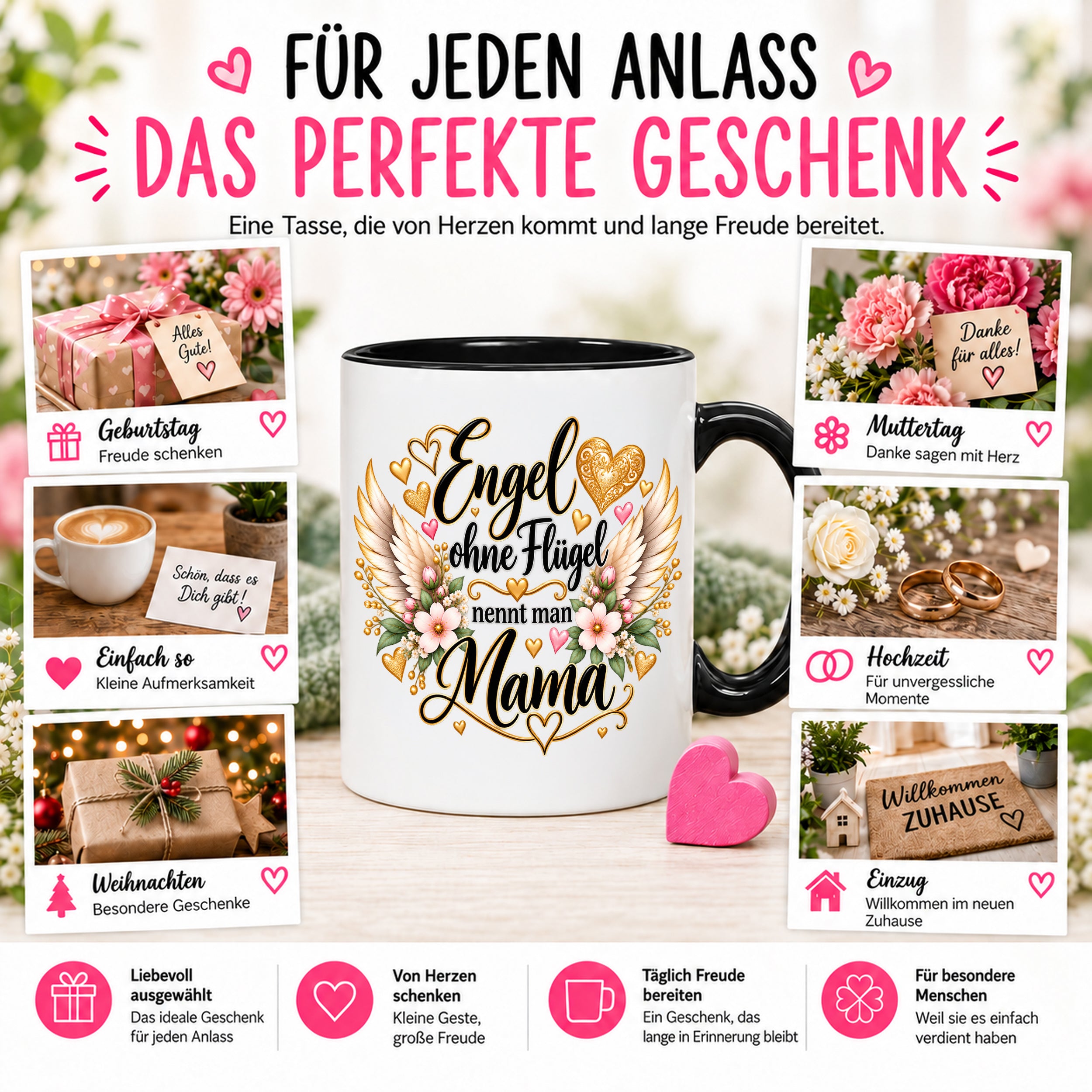 Herzbotschaft Tasse für Mama, Engel ohne Flügel nennt man Mama, liebevolles Geschenk für Mutter mit Engelsflügeln, Geschenkidee zum Muttertag, Geburtstag, Weihnachten oder einfach so, 330 ml Keramiktasse