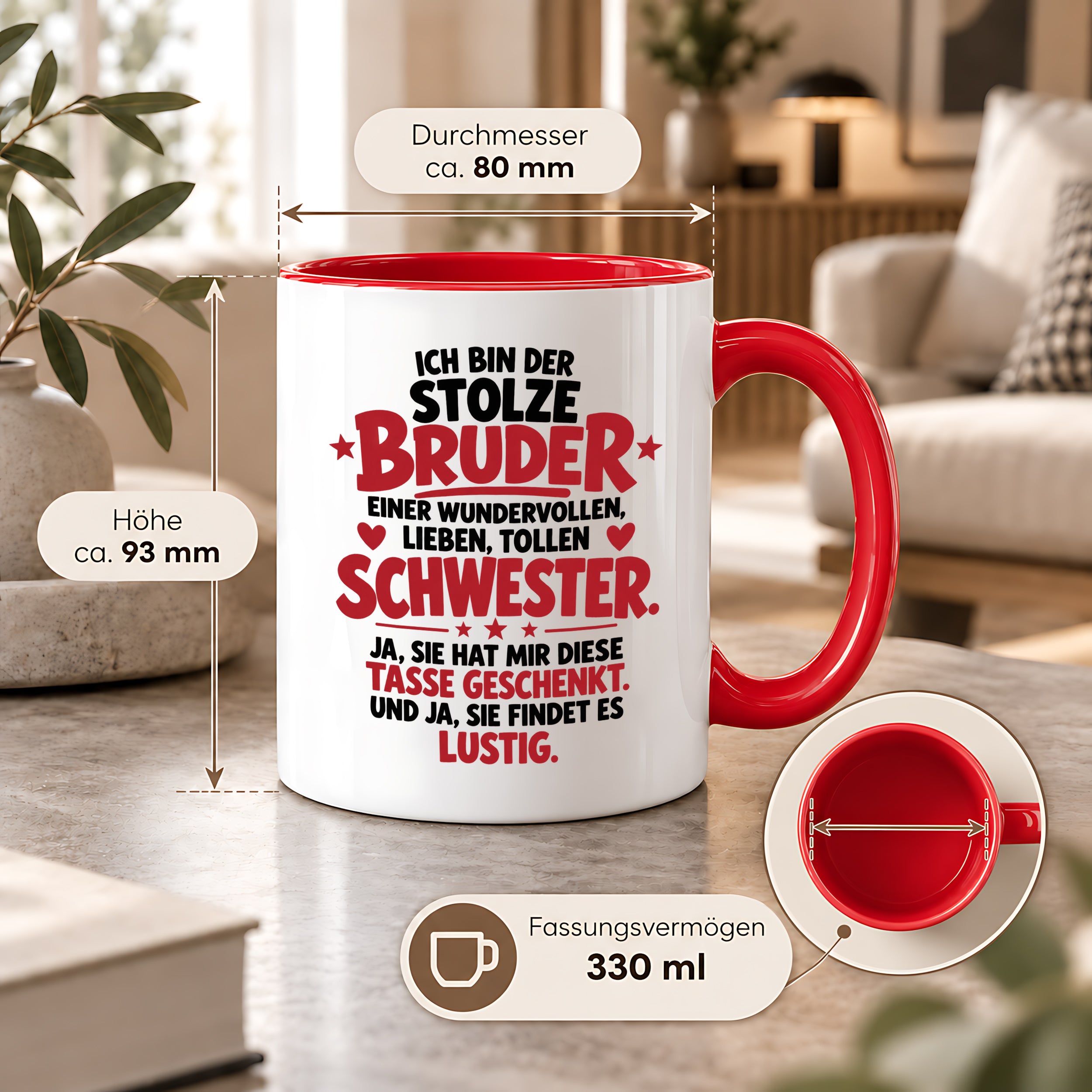 Bruder Tasse von Schwester Geschenk 330 ml Lustiger Geschwister Spruch Keramiktasse Geburtstag Weihnachten Bruder Geschenk