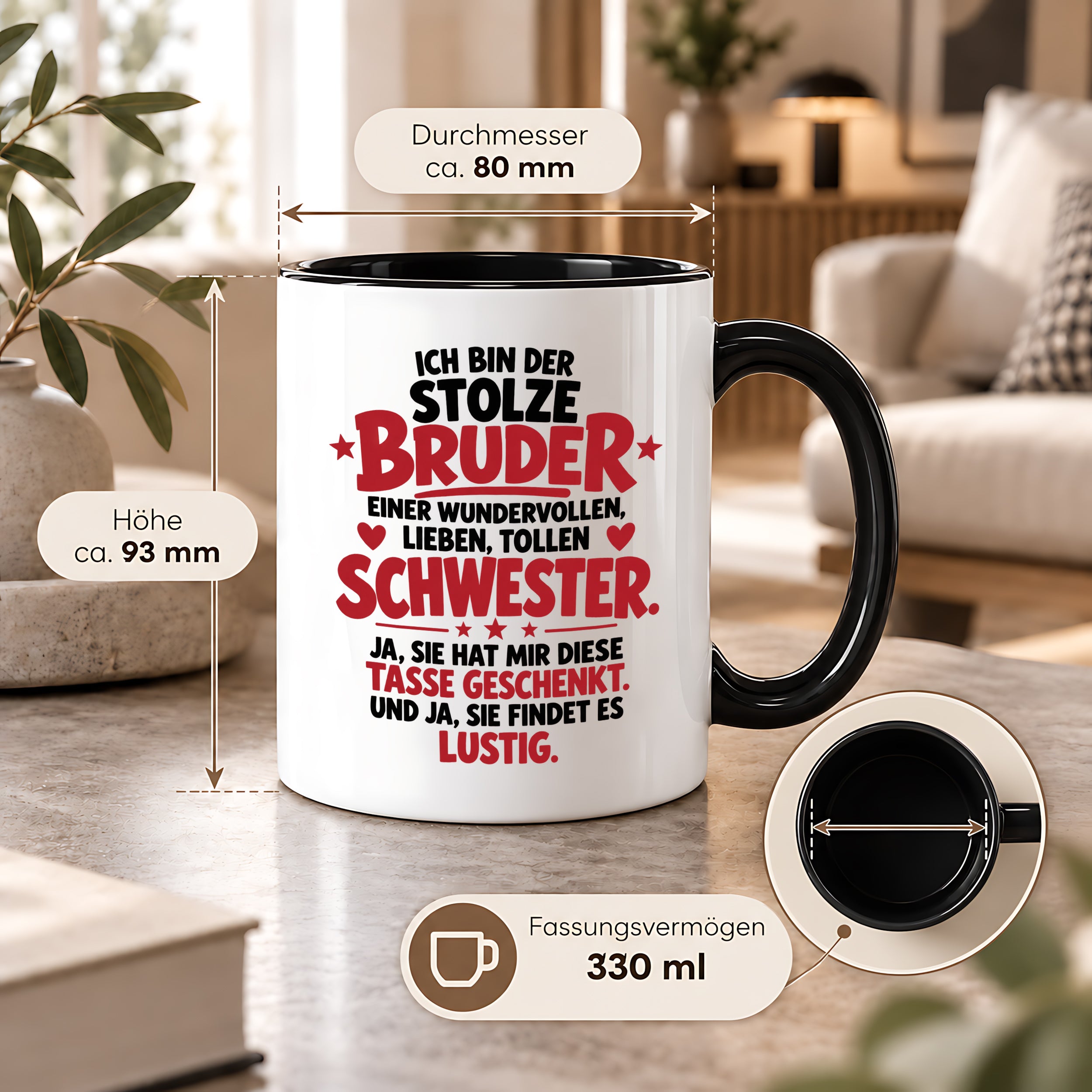 Bruder Tasse von Schwester Geschenk 330 ml Lustiger Geschwister Spruch Keramiktasse Geburtstag Weihnachten Bruder Geschenk