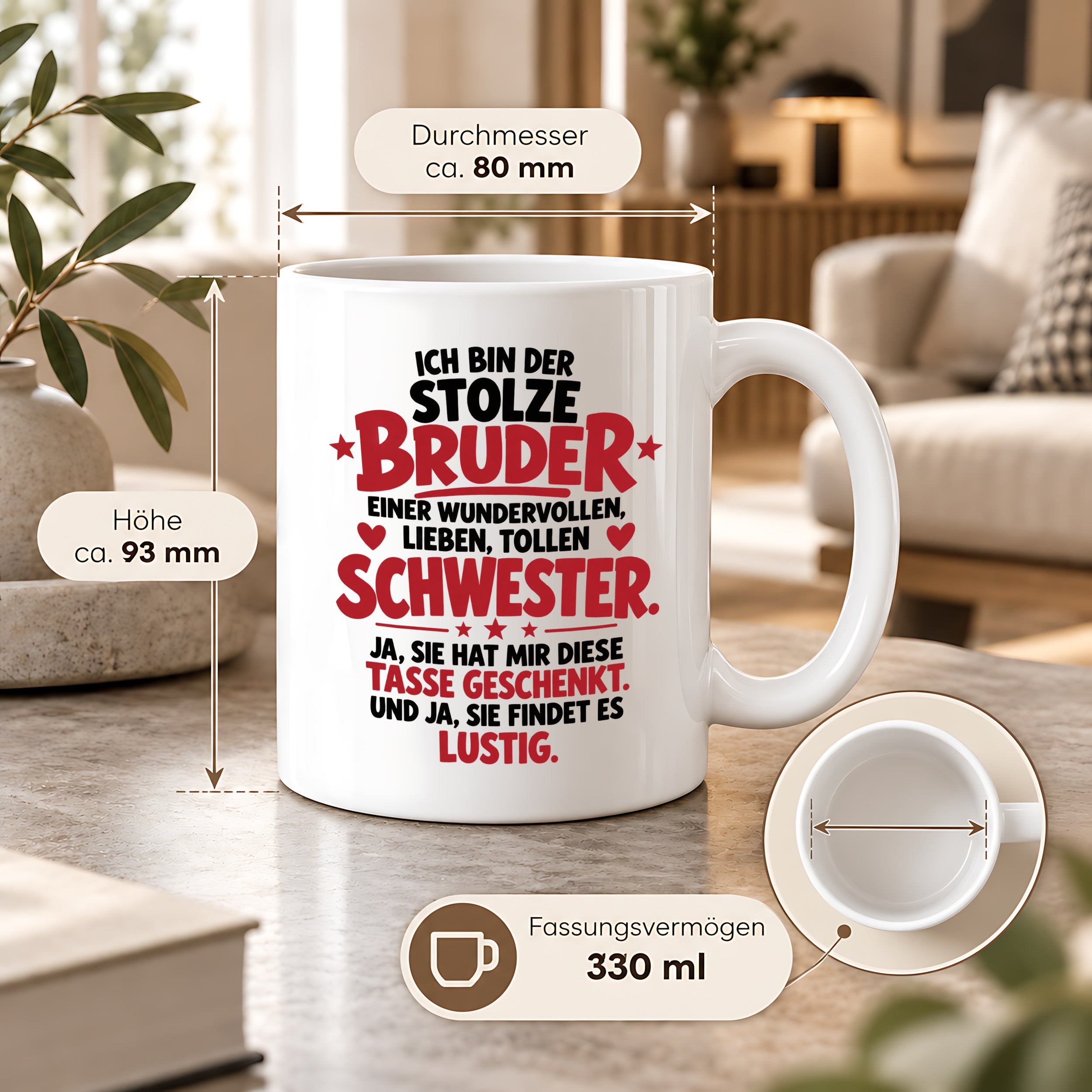 Bruder Tasse von Schwester Geschenk 330 ml Lustiger Geschwister Spruch Keramiktasse Geburtstag Weihnachten Bruder Geschenk