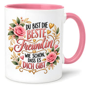 Herzbotschaft Tasse für Freundin, Du bist die beste Freundin wie schön dass es dich gibt, liebevolles Geschenk für beste Freundin, Freundschaftsgeschenk zum Geburtstag, Weihnachten oder einfach so, 330 ml Keramiktasse