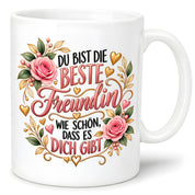 Herzbotschaft Tasse für Freundin, Du bist die beste Freundin wie schön dass es dich gibt, liebevolles Geschenk für beste Freundin, Freundschaftsgeschenk zum Geburtstag, Weihnachten oder einfach so, 330 ml Keramiktasse