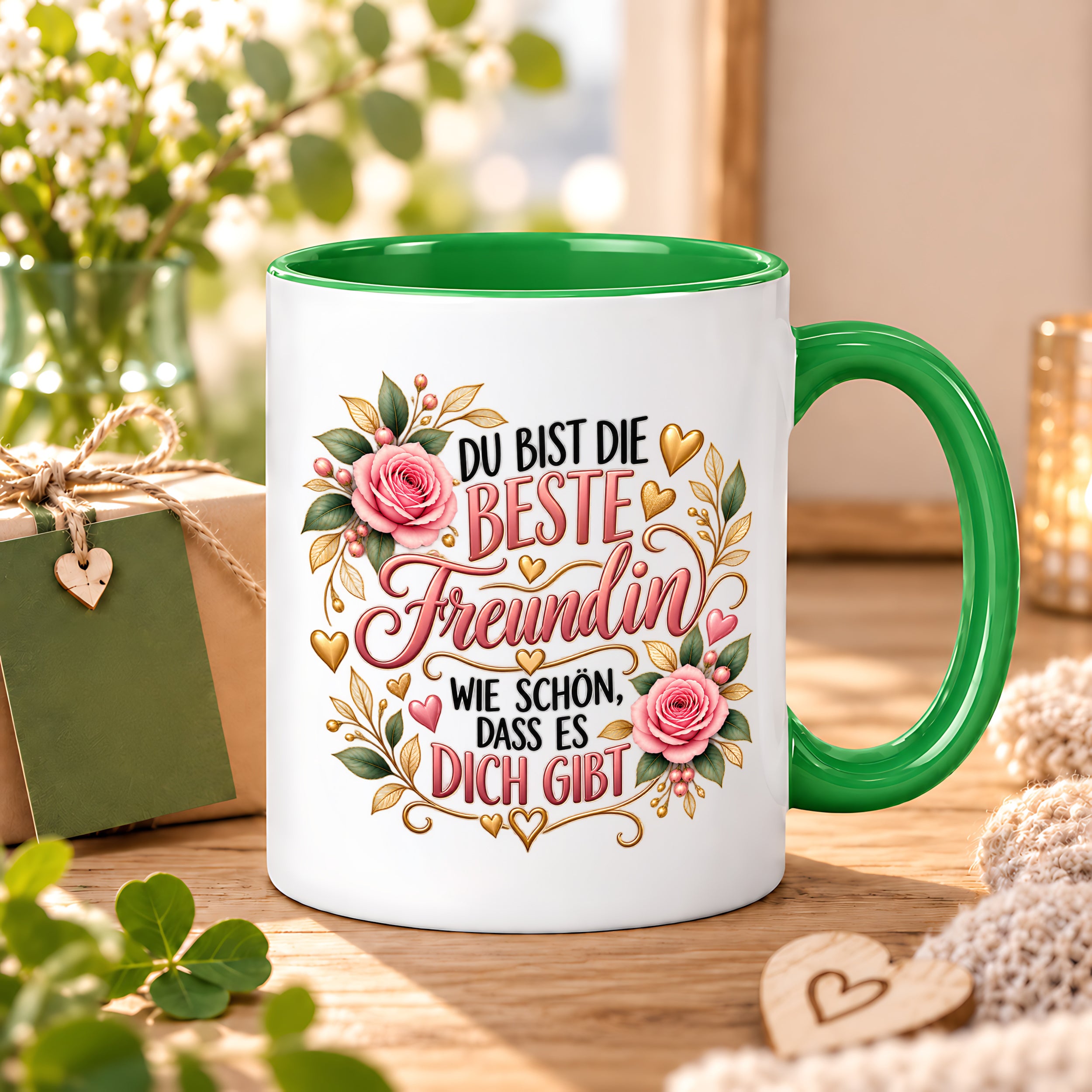 Herzbotschaft Tasse für Freundin, Du bist die beste Freundin wie schön dass es dich gibt, liebevolles Geschenk für beste Freundin, Freundschaftsgeschenk zum Geburtstag, Weihnachten oder einfach so, 330 ml Keramiktasse