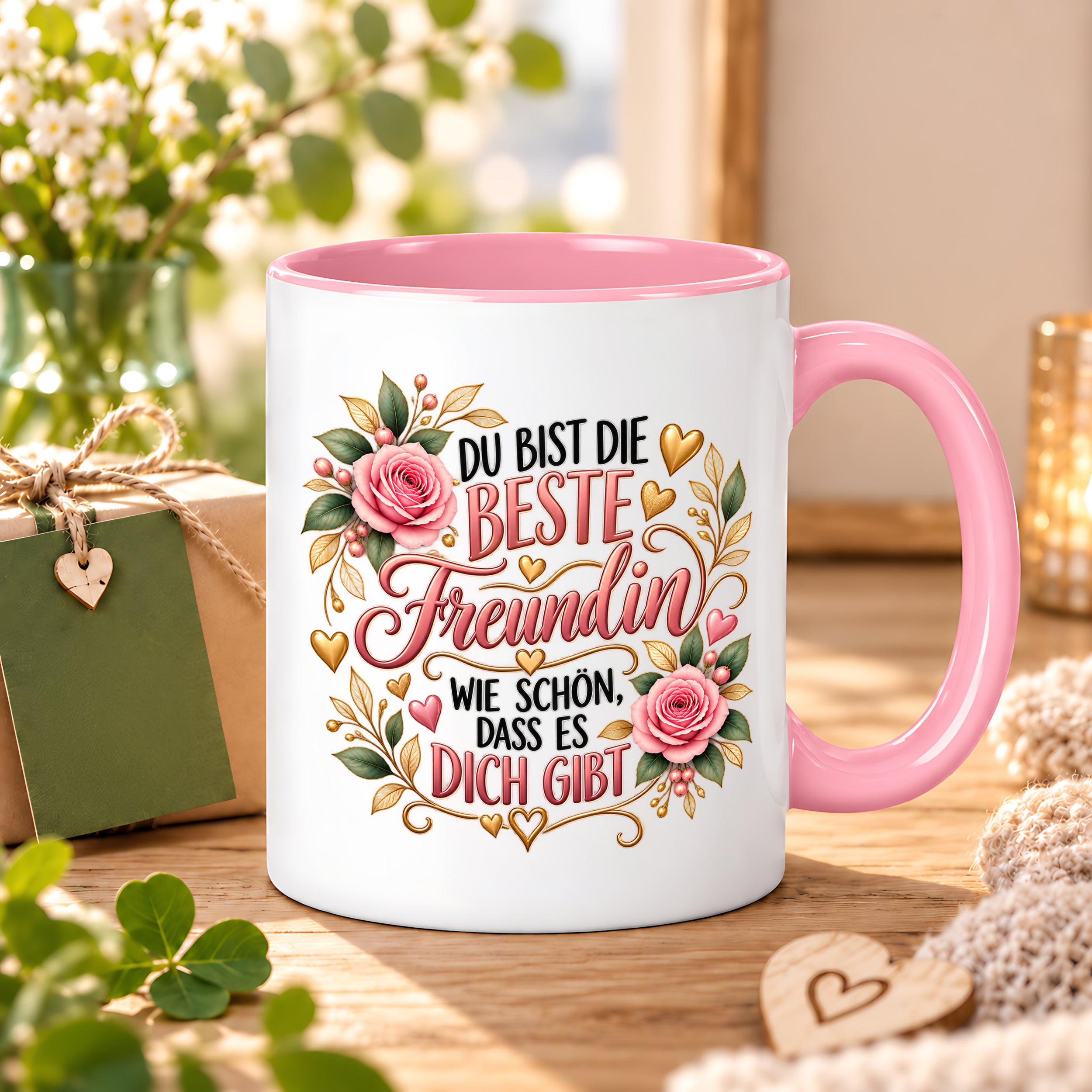 Herzbotschaft Tasse für Freundin, Du bist die beste Freundin wie schön dass es dich gibt, liebevolles Geschenk für beste Freundin, Freundschaftsgeschenk zum Geburtstag, Weihnachten oder einfach so, 330 ml Keramiktasse