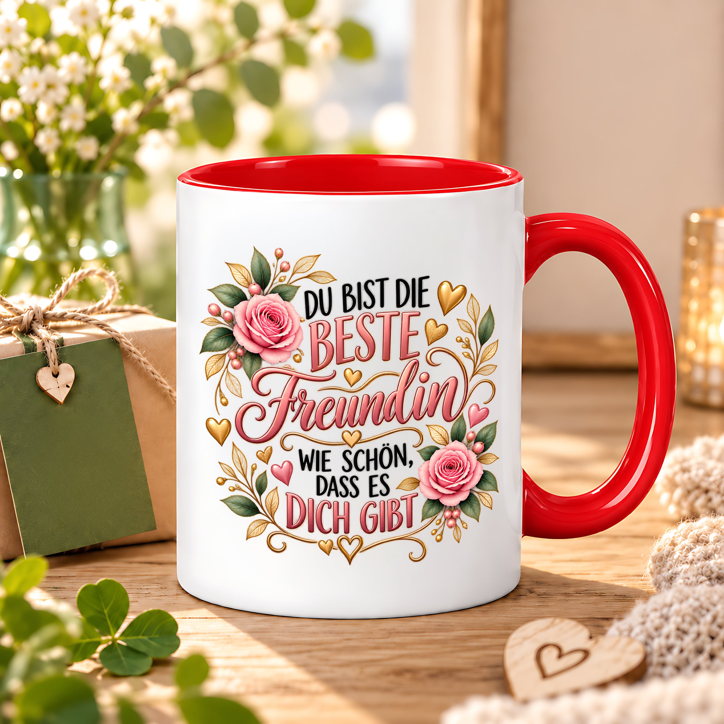 Herzbotschaft Tasse für Freundin, Du bist die beste Freundin wie schön dass es dich gibt, liebevolles Geschenk für beste Freundin, Freundschaftsgeschenk zum Geburtstag, Weihnachten oder einfach so, 330 ml Keramiktasse