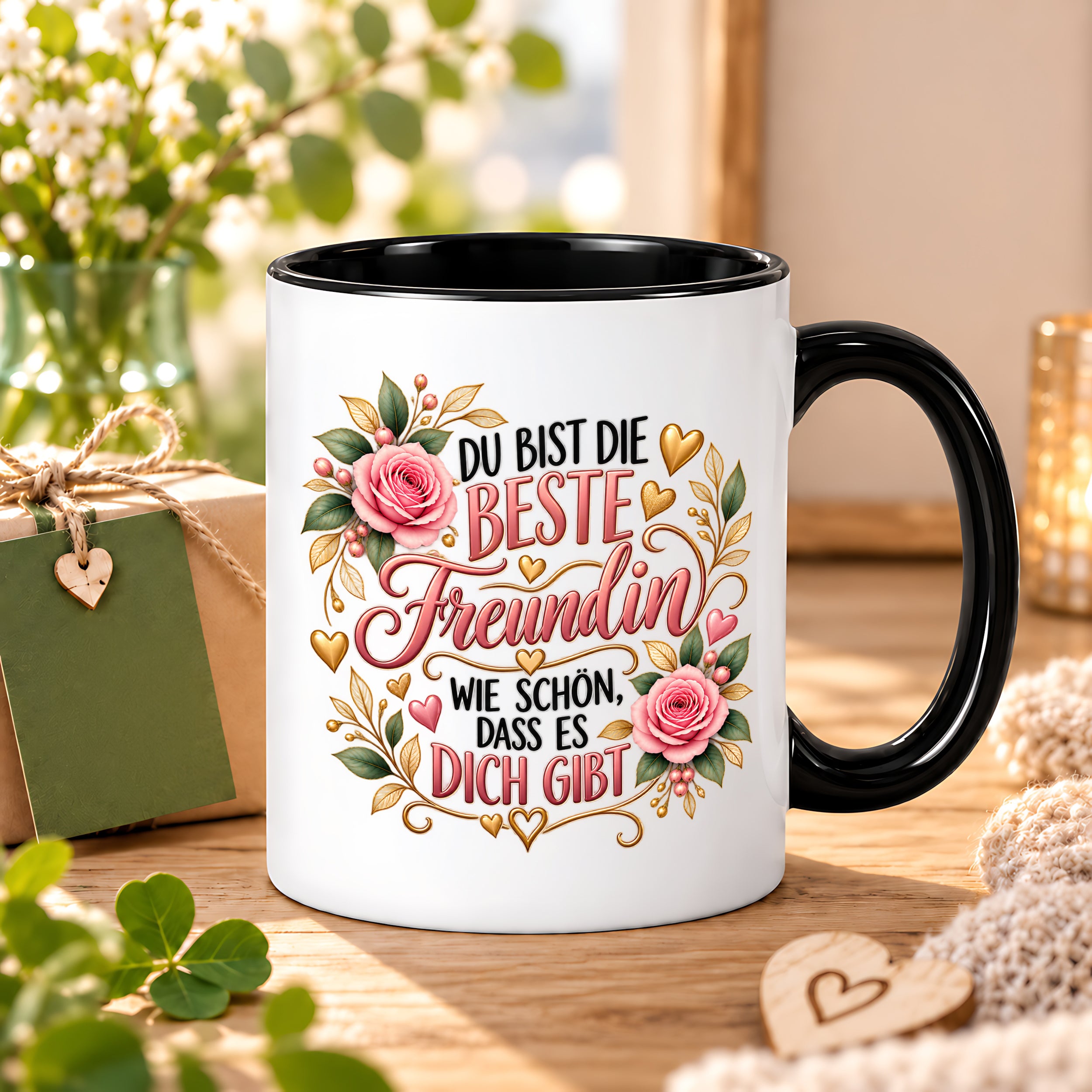 Herzbotschaft Tasse für Freundin, Du bist die beste Freundin wie schön dass es dich gibt, liebevolles Geschenk für beste Freundin, Freundschaftsgeschenk zum Geburtstag, Weihnachten oder einfach so, 330 ml Keramiktasse