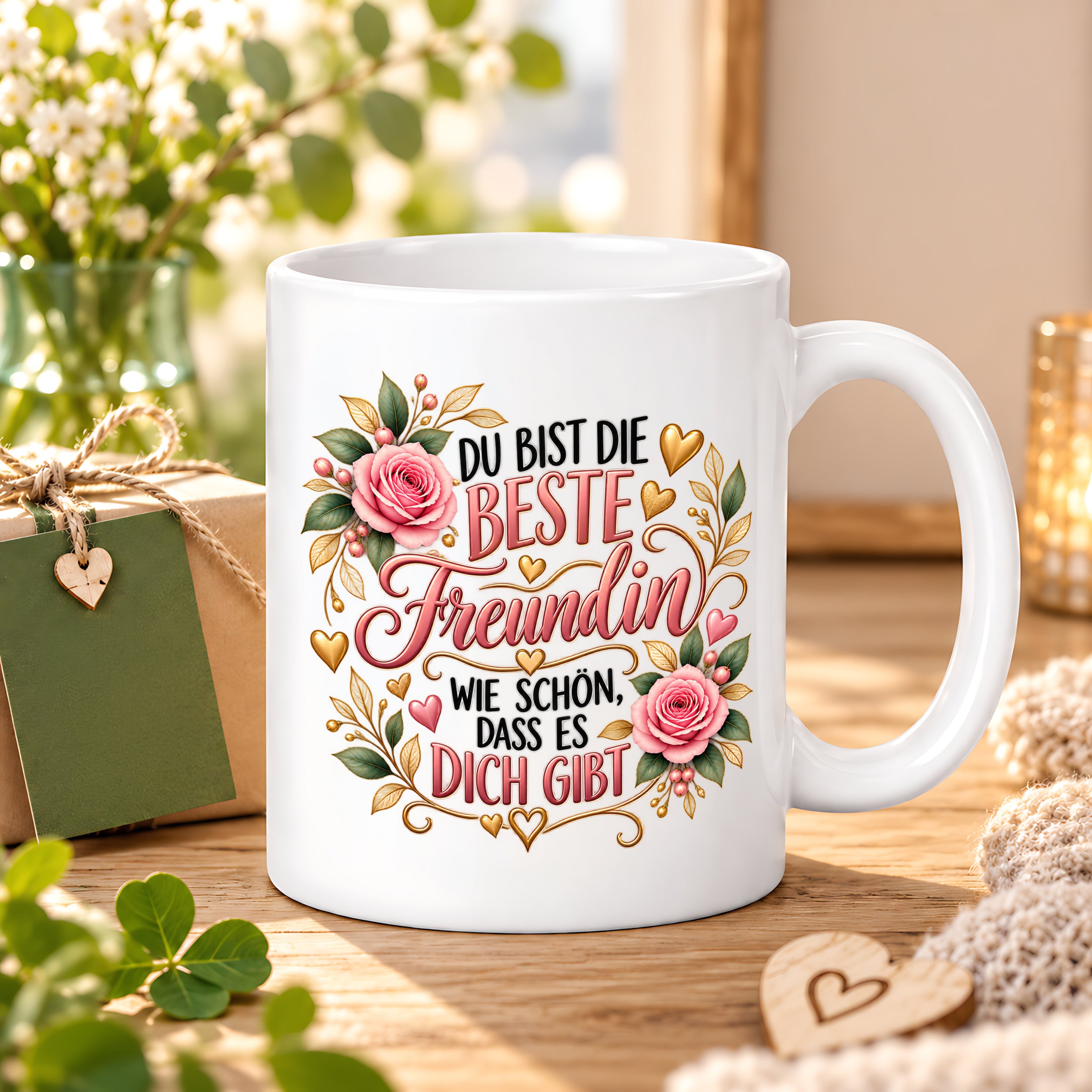 Herzbotschaft Tasse für Freundin, Du bist die beste Freundin wie schön dass es dich gibt, liebevolles Geschenk für beste Freundin, Freundschaftsgeschenk zum Geburtstag, Weihnachten oder einfach so, 330 ml Keramiktasse