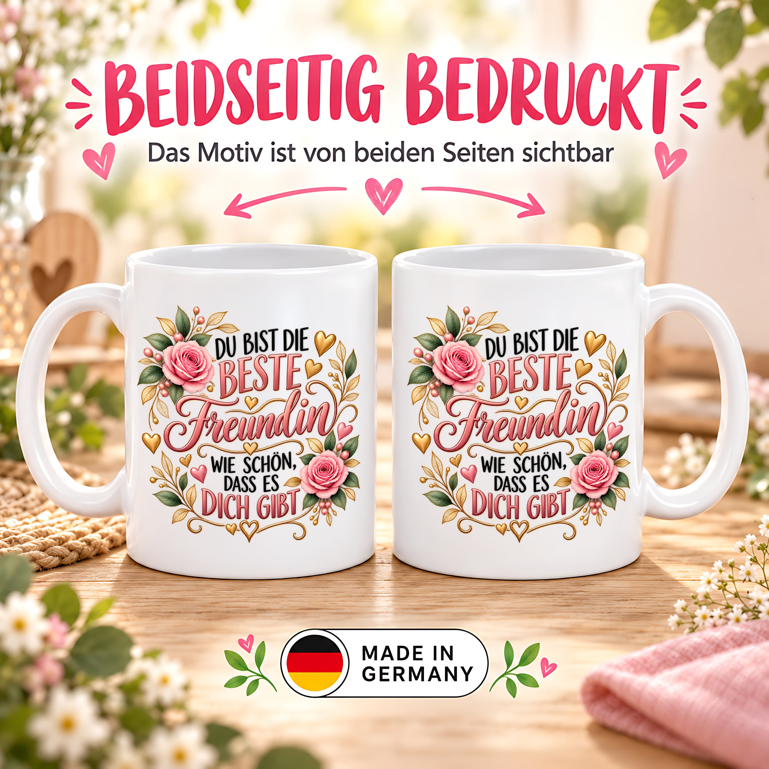 Herzbotschaft Tasse für Freundin, Du bist die beste Freundin wie schön dass es dich gibt, liebevolles Geschenk für beste Freundin, Freundschaftsgeschenk zum Geburtstag, Weihnachten oder einfach so, 330 ml Keramiktasse