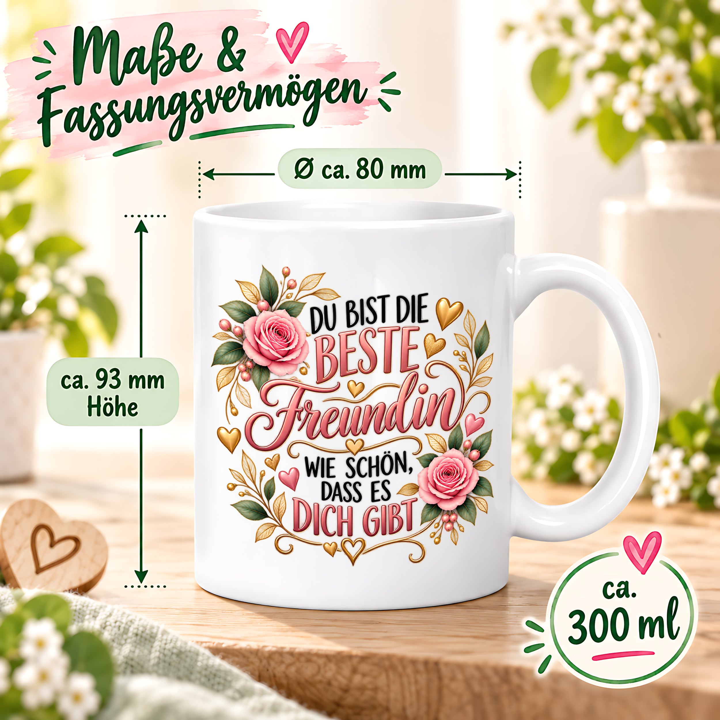 Herzbotschaft Tasse für Freundin, Du bist die beste Freundin wie schön dass es dich gibt, liebevolles Geschenk für beste Freundin, Freundschaftsgeschenk zum Geburtstag, Weihnachten oder einfach so, 330 ml Keramiktasse