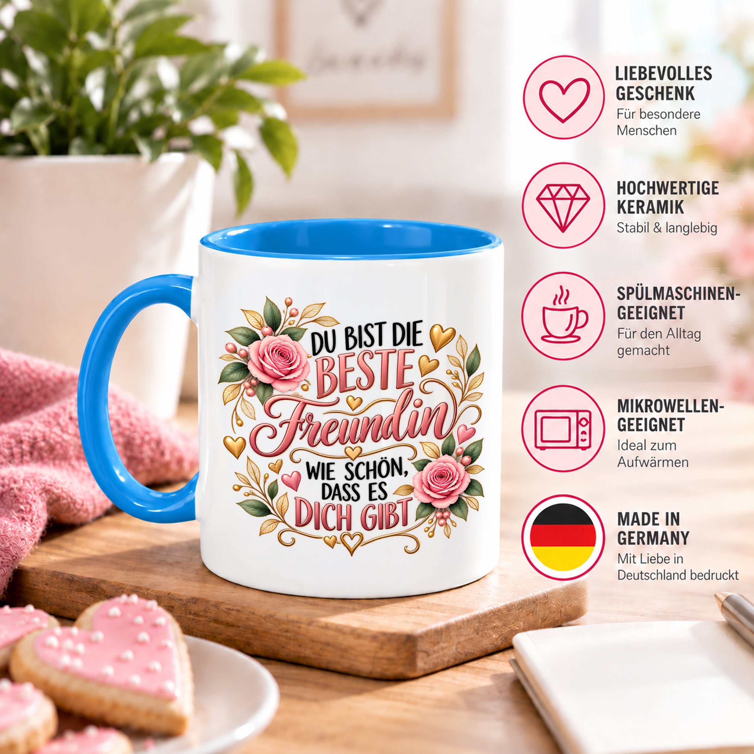 Herzbotschaft Tasse für Freundin, Du bist die beste Freundin wie schön dass es dich gibt, liebevolles Geschenk für beste Freundin, Freundschaftsgeschenk zum Geburtstag, Weihnachten oder einfach so, 330 ml Keramiktasse