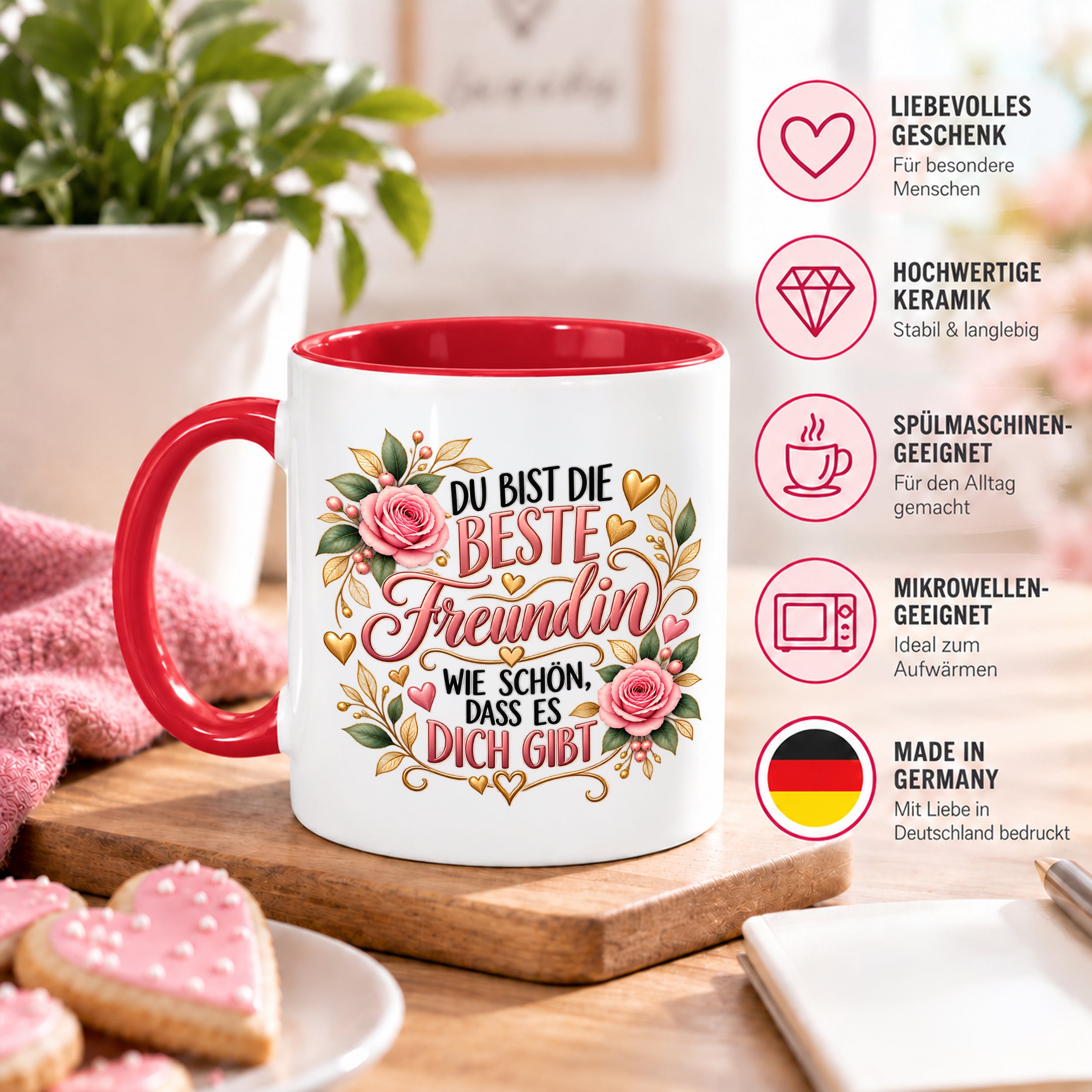 Herzbotschaft Tasse für Freundin, Du bist die beste Freundin wie schön dass es dich gibt, liebevolles Geschenk für beste Freundin, Freundschaftsgeschenk zum Geburtstag, Weihnachten oder einfach so, 330 ml Keramiktasse