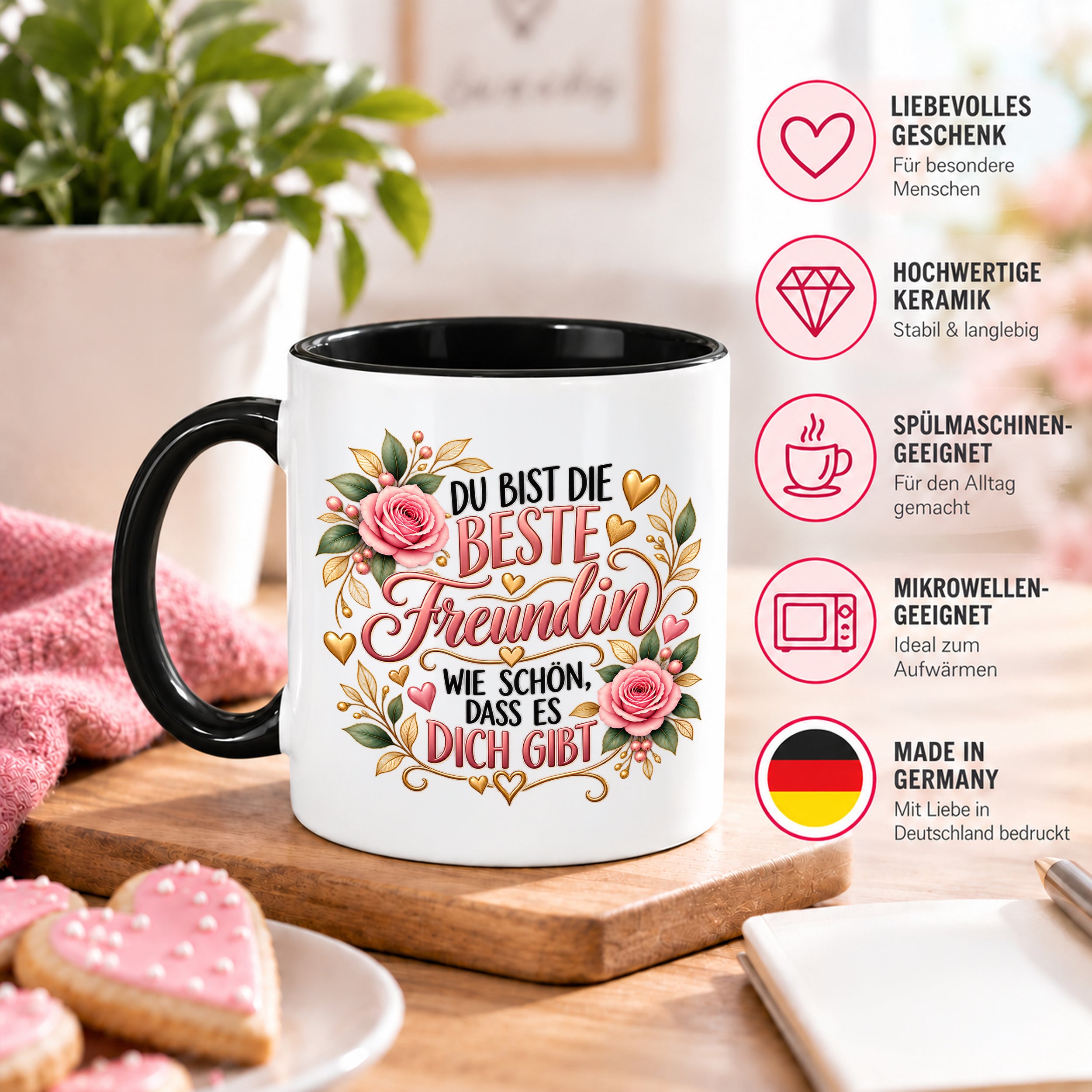 Herzbotschaft Tasse für Freundin, Du bist die beste Freundin wie schön dass es dich gibt, liebevolles Geschenk für beste Freundin, Freundschaftsgeschenk zum Geburtstag, Weihnachten oder einfach so, 330 ml Keramiktasse