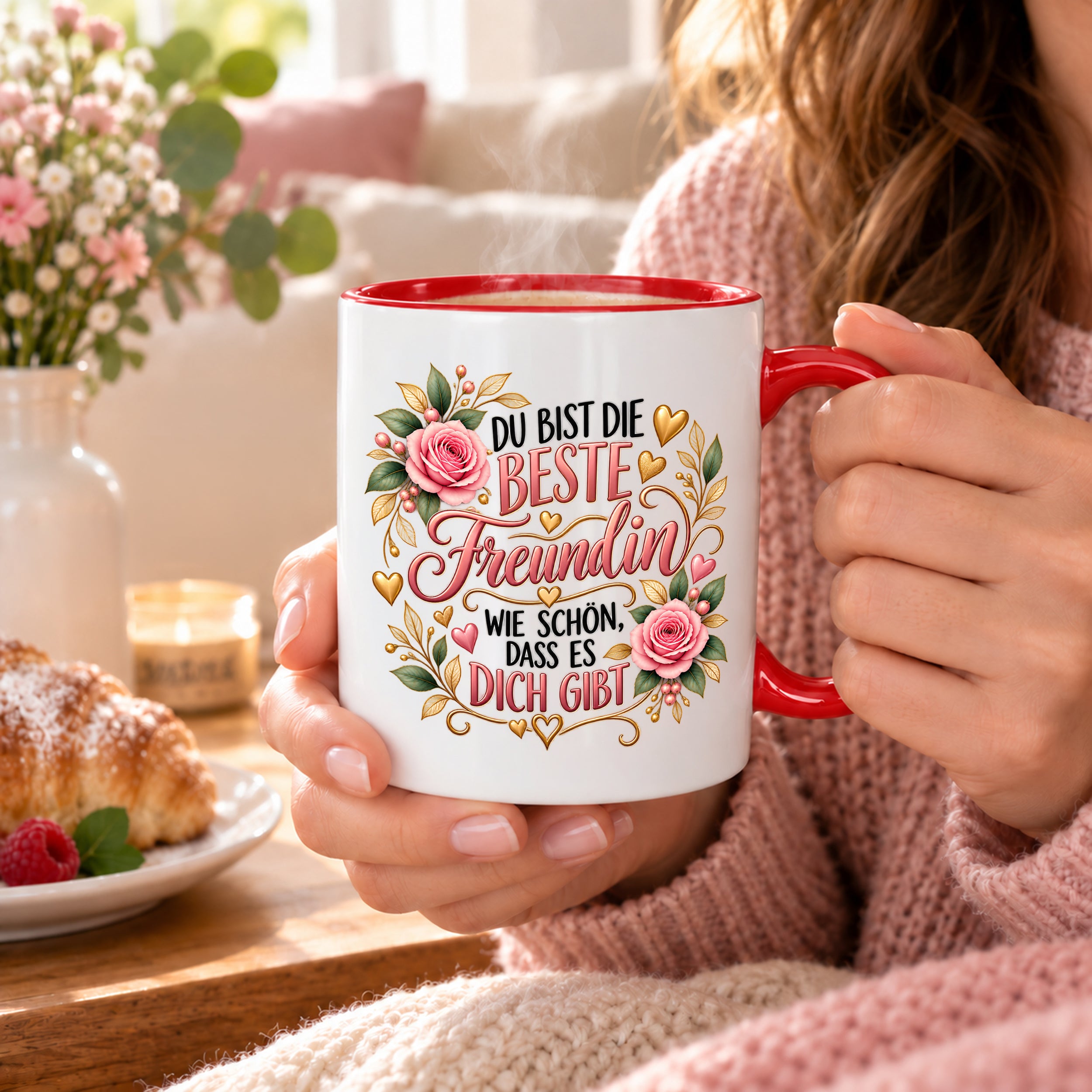 Herzbotschaft Tasse für Freundin, Du bist die beste Freundin wie schön dass es dich gibt, liebevolles Geschenk für beste Freundin, Freundschaftsgeschenk zum Geburtstag, Weihnachten oder einfach so, 330 ml Keramiktasse