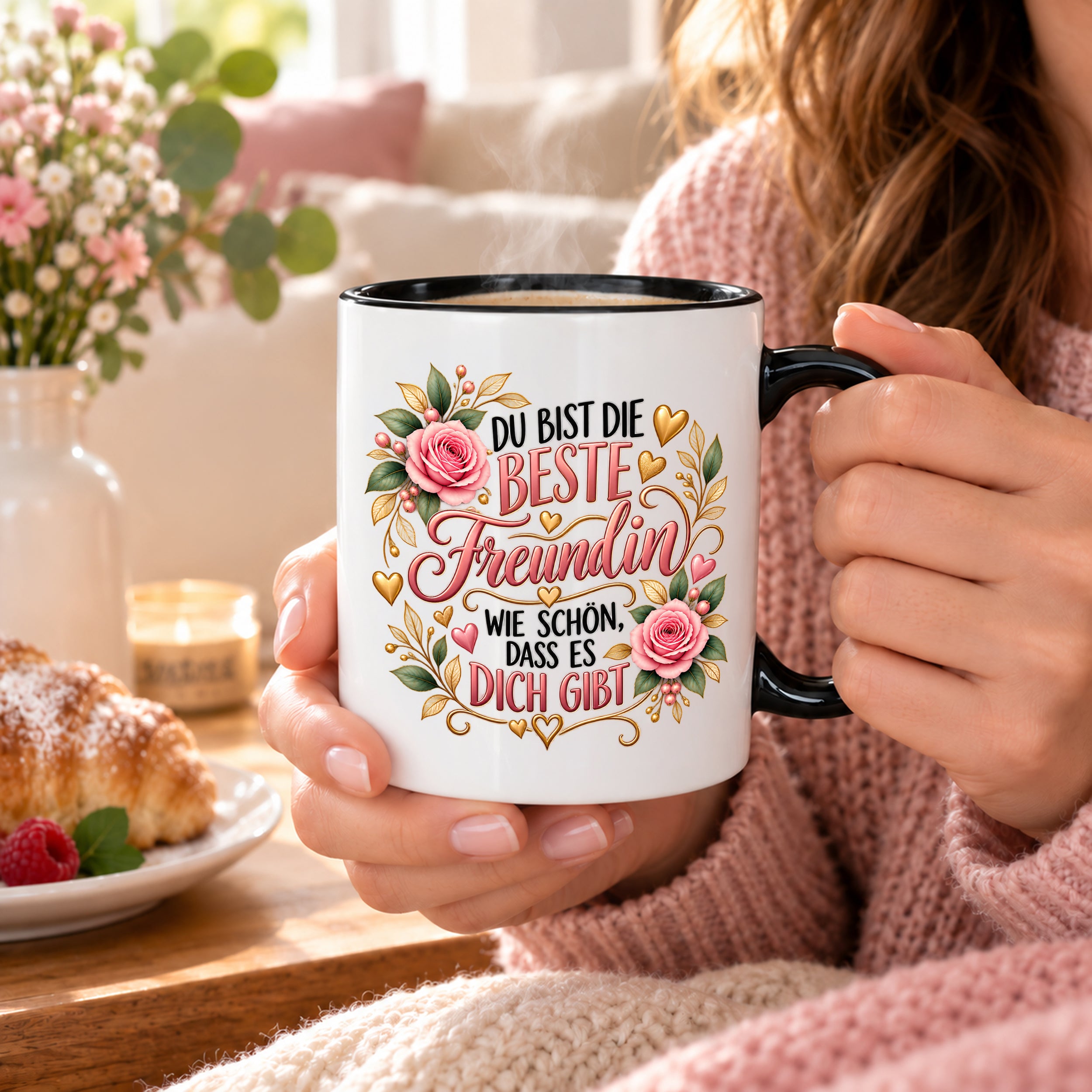 Herzbotschaft Tasse für Freundin, Du bist die beste Freundin wie schön dass es dich gibt, liebevolles Geschenk für beste Freundin, Freundschaftsgeschenk zum Geburtstag, Weihnachten oder einfach so, 330 ml Keramiktasse