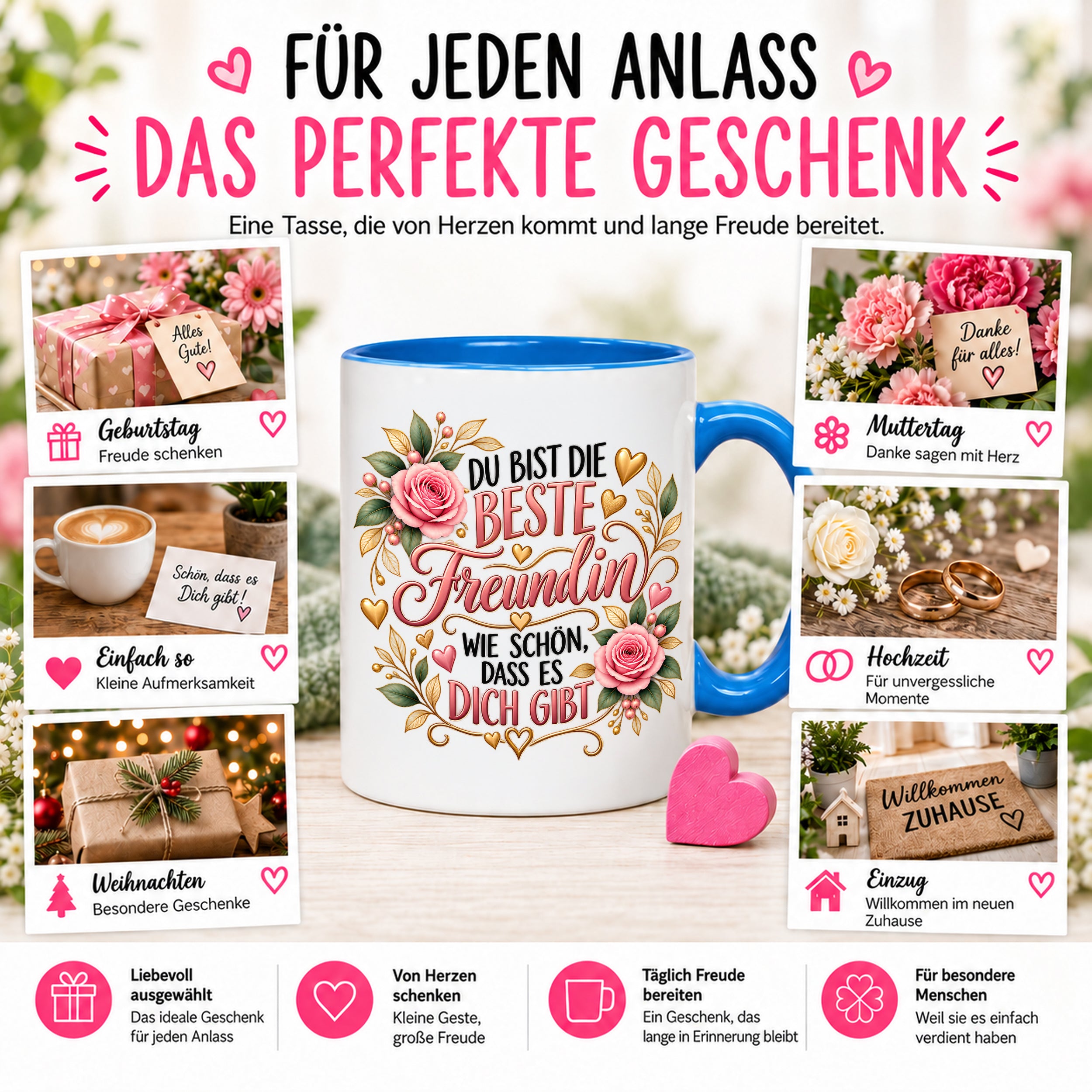 Herzbotschaft Tasse für Freundin, Du bist die beste Freundin wie schön dass es dich gibt, liebevolles Geschenk für beste Freundin, Freundschaftsgeschenk zum Geburtstag, Weihnachten oder einfach so, 330 ml Keramiktasse