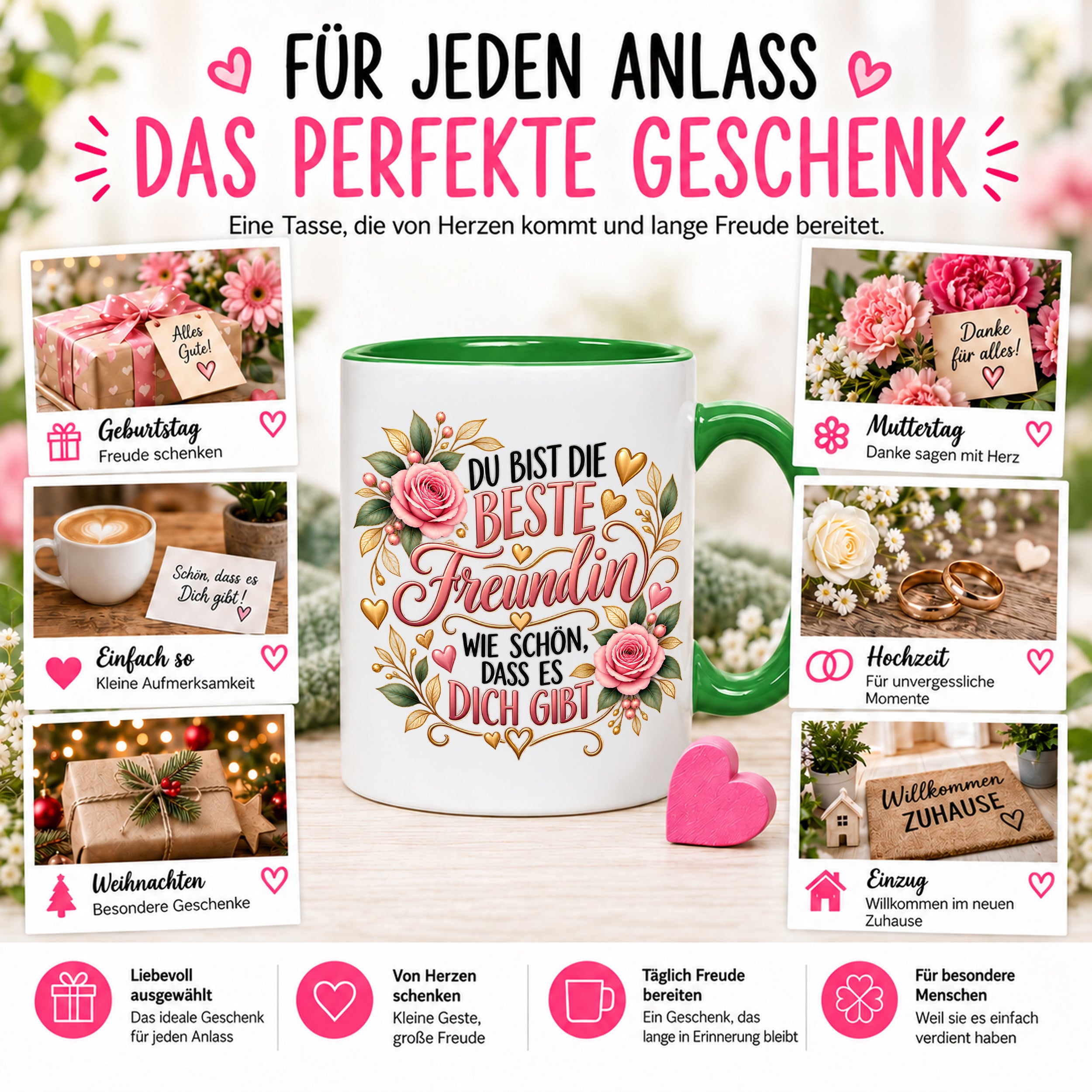 Herzbotschaft Tasse für Freundin, Du bist die beste Freundin wie schön dass es dich gibt, liebevolles Geschenk für beste Freundin, Freundschaftsgeschenk zum Geburtstag, Weihnachten oder einfach so, 330 ml Keramiktasse