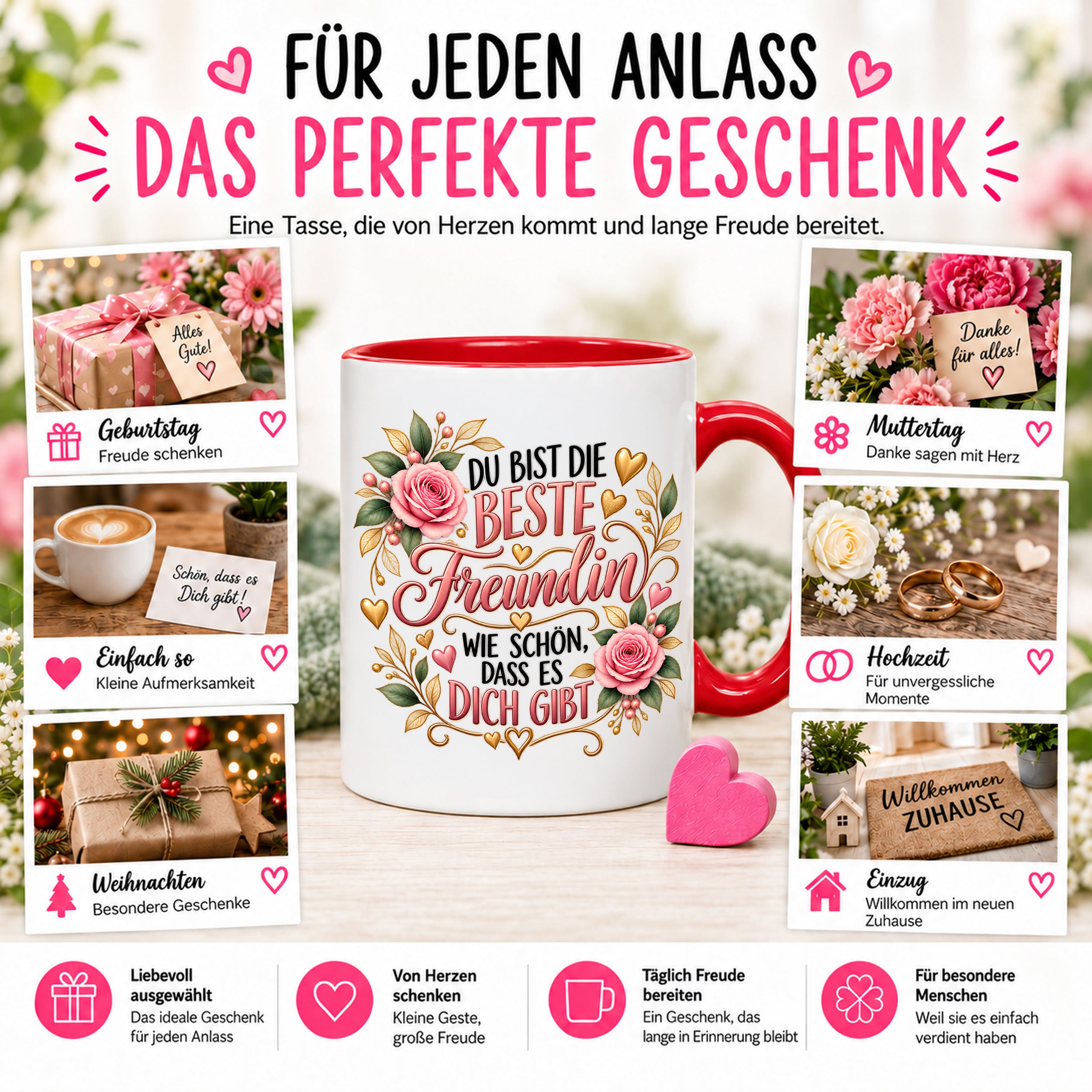 Herzbotschaft Tasse für Freundin, Du bist die beste Freundin wie schön dass es dich gibt, liebevolles Geschenk für beste Freundin, Freundschaftsgeschenk zum Geburtstag, Weihnachten oder einfach so, 330 ml Keramiktasse
