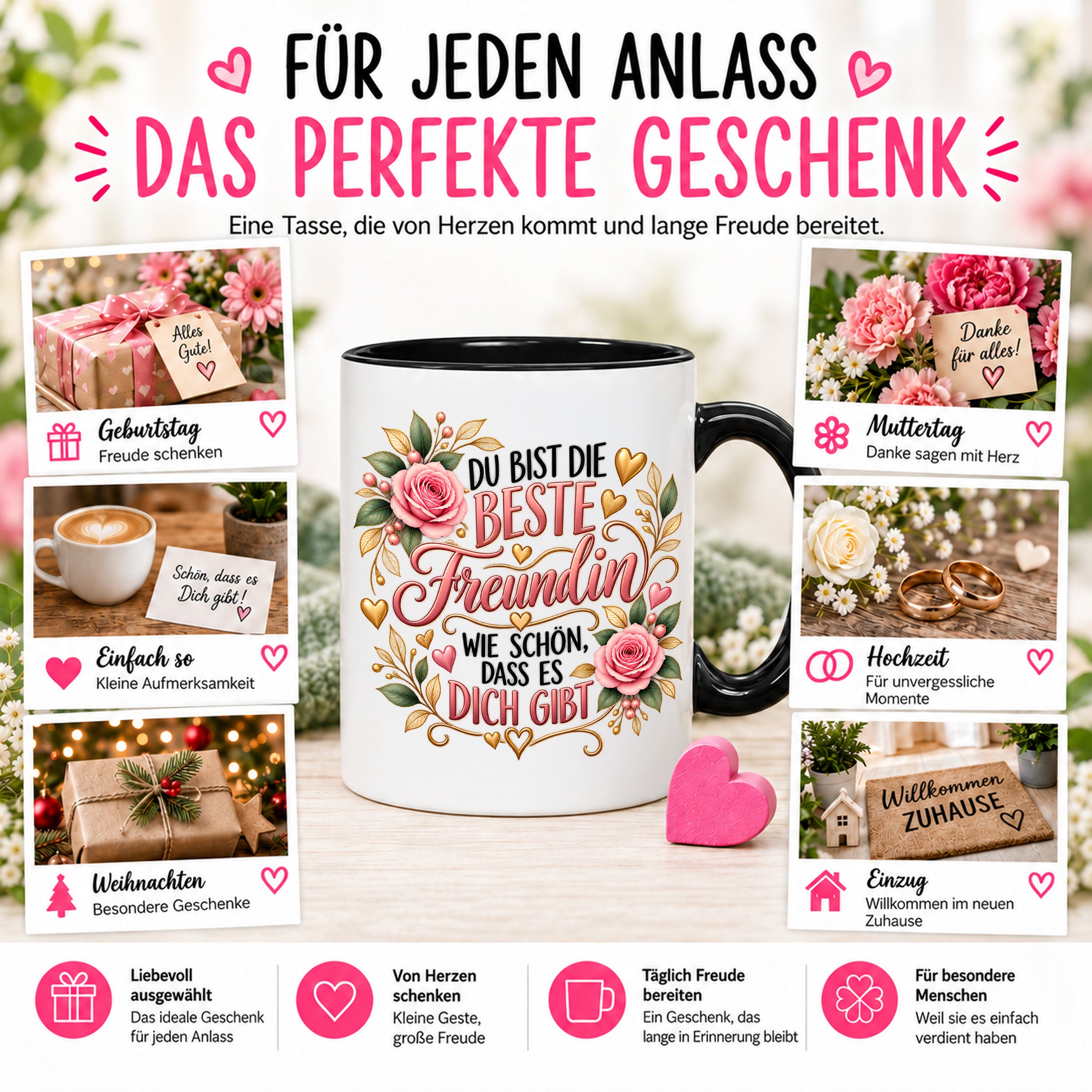 Herzbotschaft Tasse für Freundin, Du bist die beste Freundin wie schön dass es dich gibt, liebevolles Geschenk für beste Freundin, Freundschaftsgeschenk zum Geburtstag, Weihnachten oder einfach so, 330 ml Keramiktasse