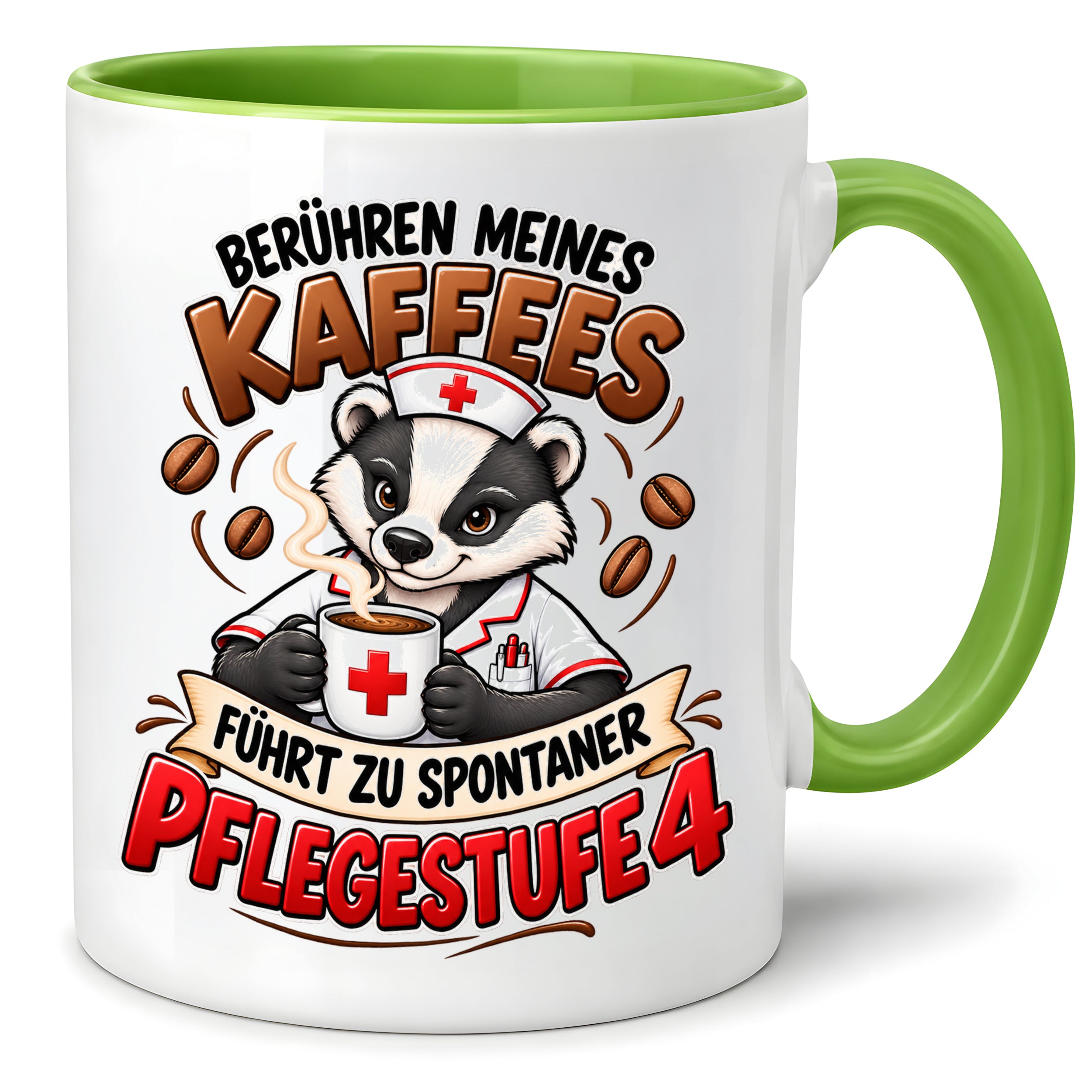 Herzbotschaft Tasse Pflege – Berühren meines Kaffees führt zu spontaner Pflegestufe 4, lustige Kaffeetasse für Pflegekräfte, Krankenschwester, Krankenpfleger und Pflegepersonal, witziges Geschenk für Kollegen, 330 ml Keramiktasse