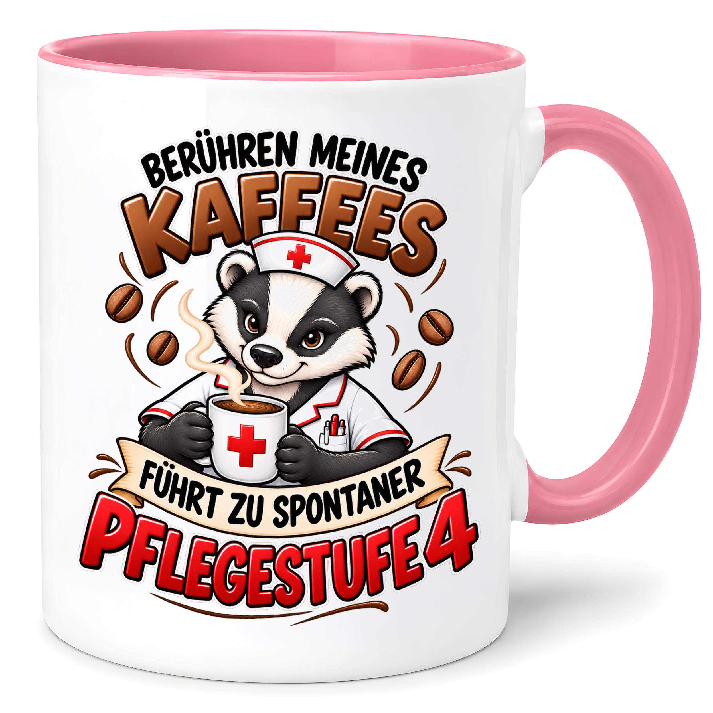 Herzbotschaft Tasse Pflege – Berühren meines Kaffees führt zu spontaner Pflegestufe 4, lustige Kaffeetasse für Pflegekräfte, Krankenschwester, Krankenpfleger und Pflegepersonal, witziges Geschenk für Kollegen, 330 ml Keramiktasse