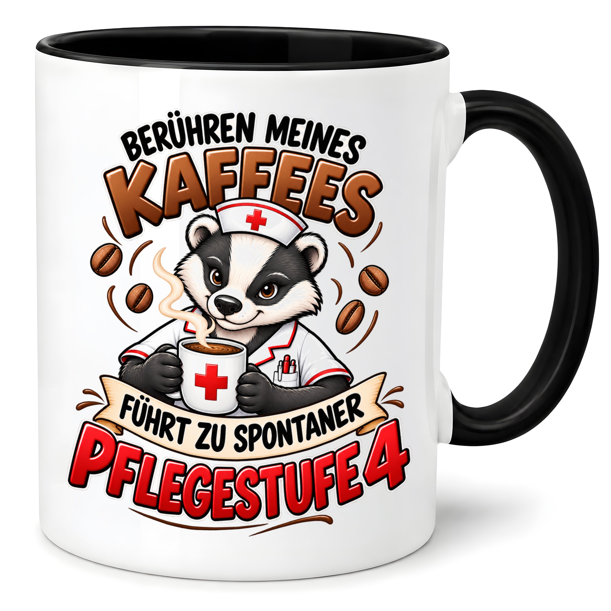 Herzbotschaft Tasse Pflege – Berühren meines Kaffees führt zu spontaner Pflegestufe 4, lustige Kaffeetasse für Pflegekräfte, Krankenschwester, Krankenpfleger und Pflegepersonal, witziges Geschenk für Kollegen, 330 ml Keramiktasse