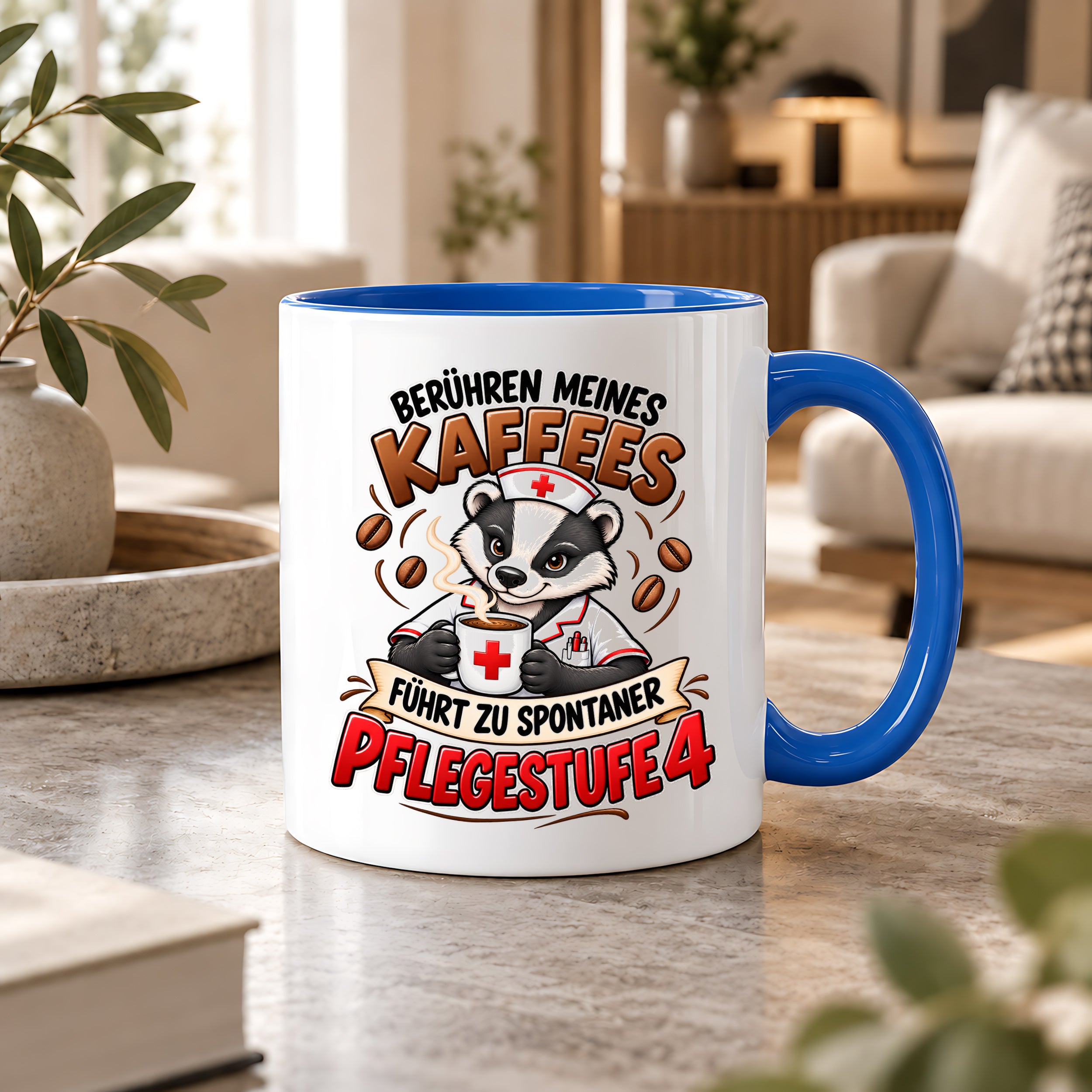 Herzbotschaft Tasse Pflege – Berühren meines Kaffees führt zu spontaner Pflegestufe 4, lustige Kaffeetasse für Pflegekräfte, Krankenschwester, Krankenpfleger und Pflegepersonal, witziges Geschenk für Kollegen, 330 ml Keramiktasse