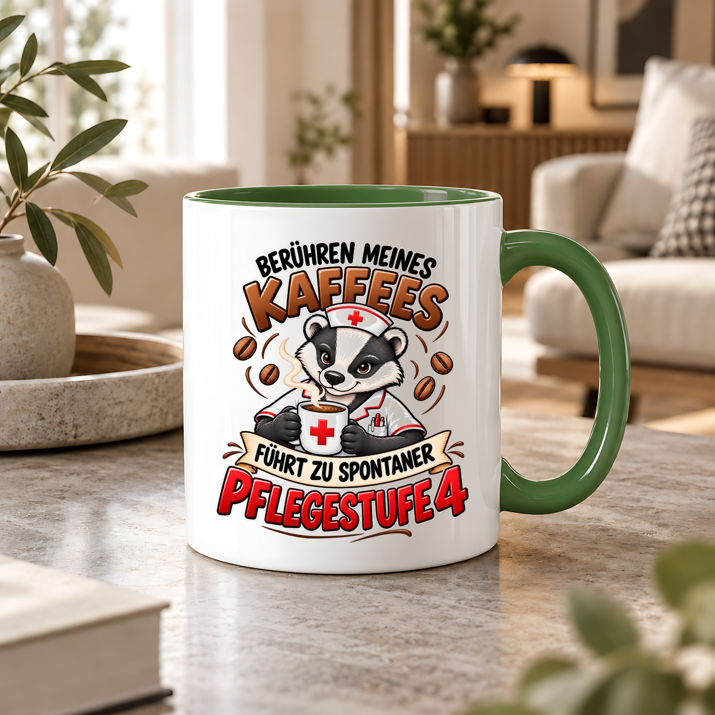 Herzbotschaft Tasse Pflege – Berühren meines Kaffees führt zu spontaner Pflegestufe 4, lustige Kaffeetasse für Pflegekräfte, Krankenschwester, Krankenpfleger und Pflegepersonal, witziges Geschenk für Kollegen, 330 ml Keramiktasse