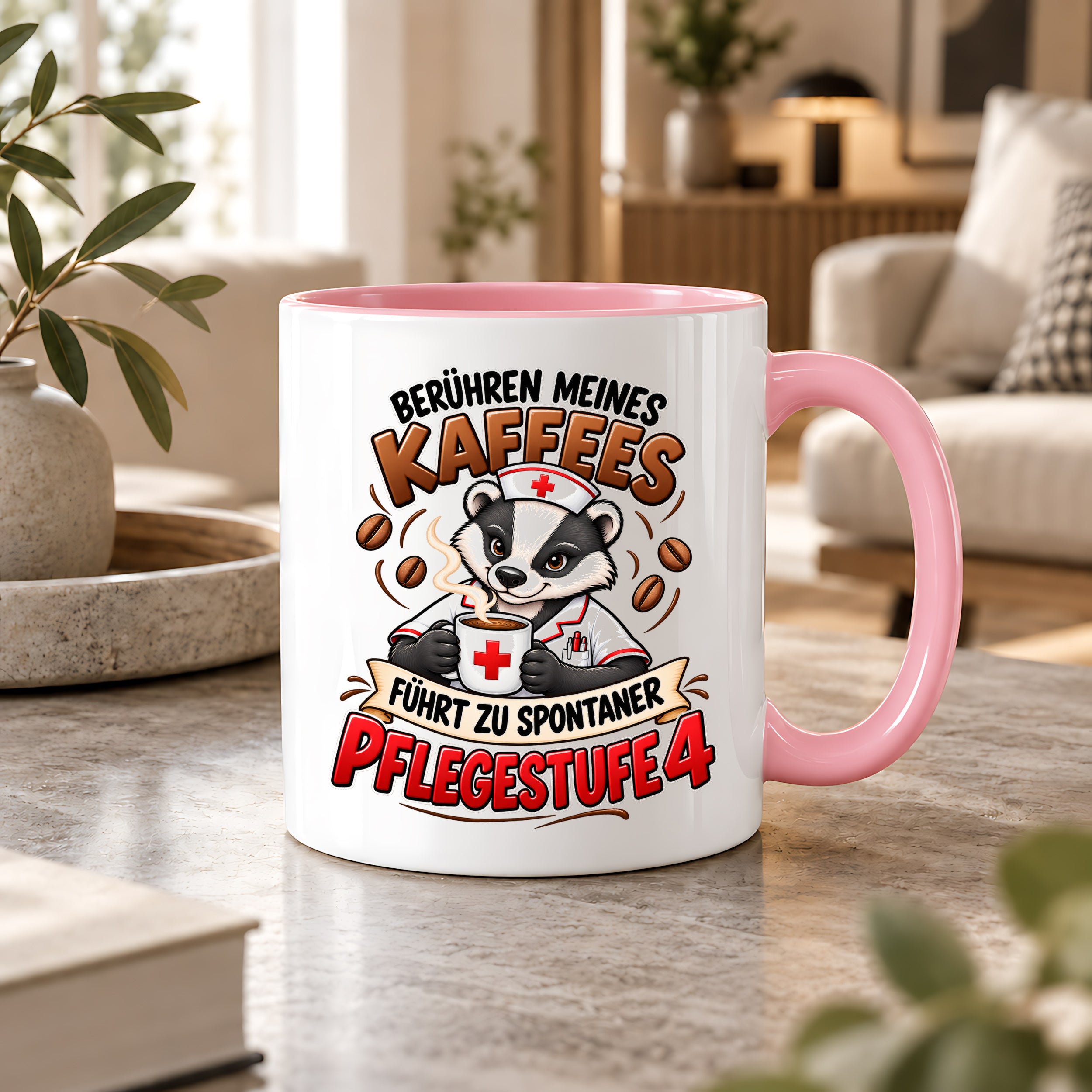 Herzbotschaft Tasse Pflege – Berühren meines Kaffees führt zu spontaner Pflegestufe 4, lustige Kaffeetasse für Pflegekräfte, Krankenschwester, Krankenpfleger und Pflegepersonal, witziges Geschenk für Kollegen, 330 ml Keramiktasse