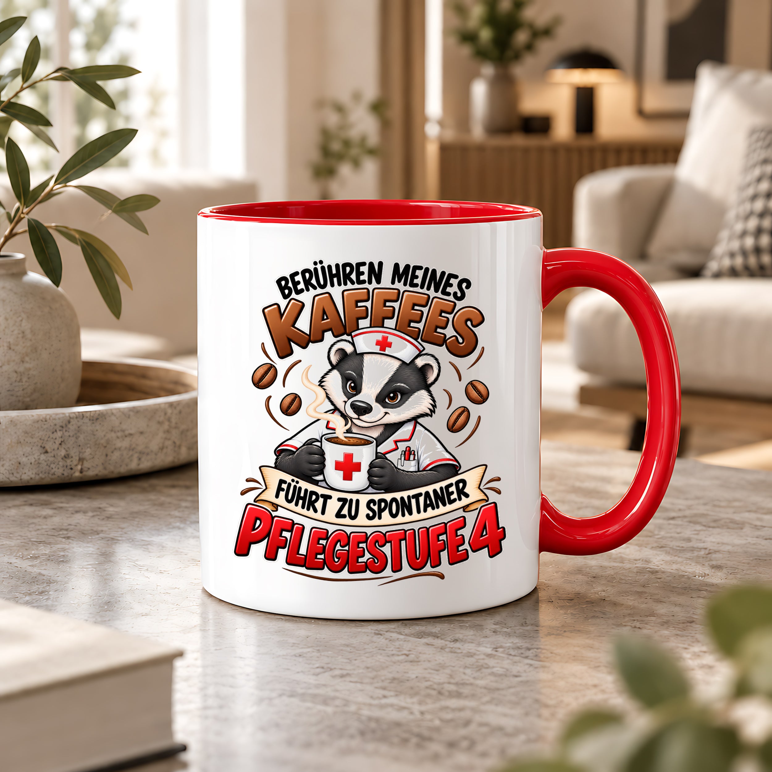 Herzbotschaft Tasse Pflege – Berühren meines Kaffees führt zu spontaner Pflegestufe 4, lustige Kaffeetasse für Pflegekräfte, Krankenschwester, Krankenpfleger und Pflegepersonal, witziges Geschenk für Kollegen, 330 ml Keramiktasse