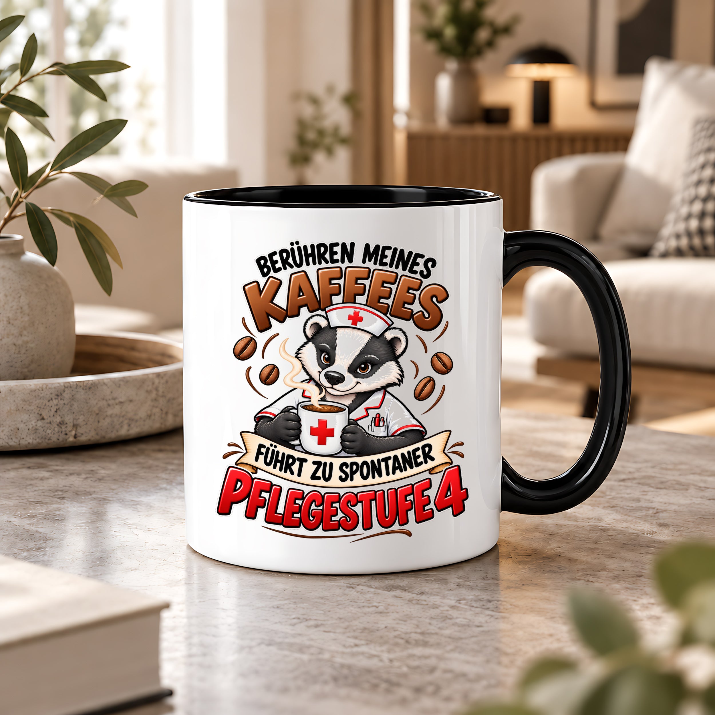 Herzbotschaft Tasse Pflege – Berühren meines Kaffees führt zu spontaner Pflegestufe 4, lustige Kaffeetasse für Pflegekräfte, Krankenschwester, Krankenpfleger und Pflegepersonal, witziges Geschenk für Kollegen, 330 ml Keramiktasse