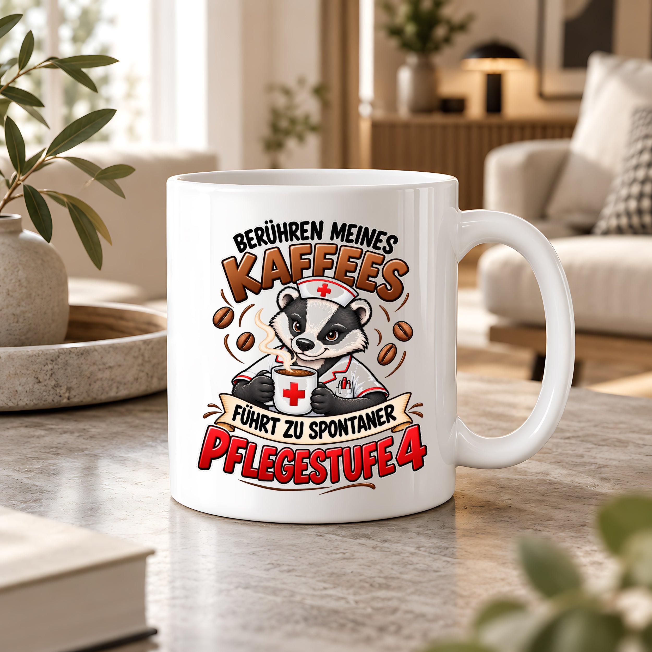 Herzbotschaft Tasse Pflege – Berühren meines Kaffees führt zu spontaner Pflegestufe 4, lustige Kaffeetasse für Pflegekräfte, Krankenschwester, Krankenpfleger und Pflegepersonal, witziges Geschenk für Kollegen, 330 ml Keramiktasse