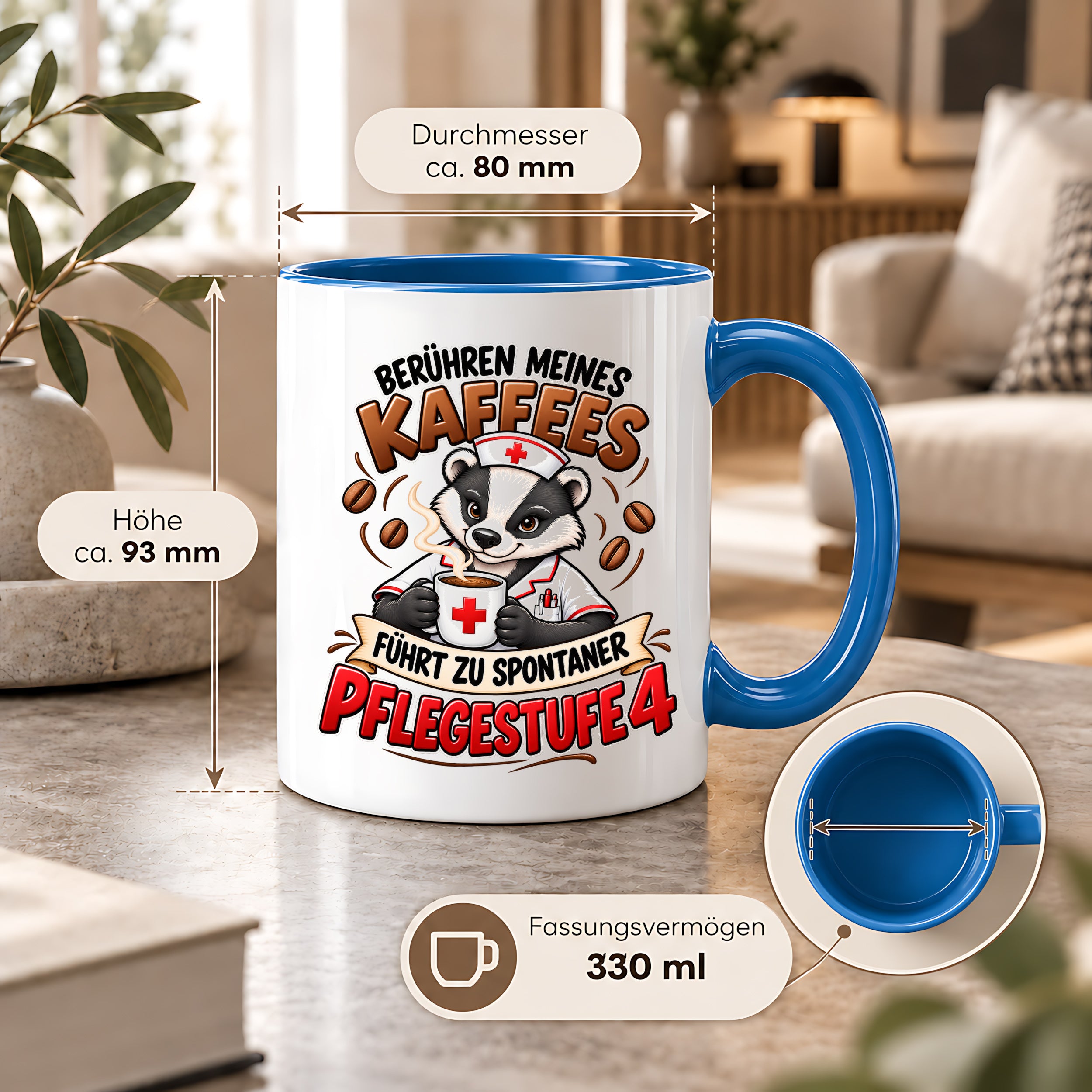 Herzbotschaft Tasse Pflege – Berühren meines Kaffees führt zu spontaner Pflegestufe 4, lustige Kaffeetasse für Pflegekräfte, Krankenschwester, Krankenpfleger und Pflegepersonal, witziges Geschenk für Kollegen, 330 ml Keramiktasse