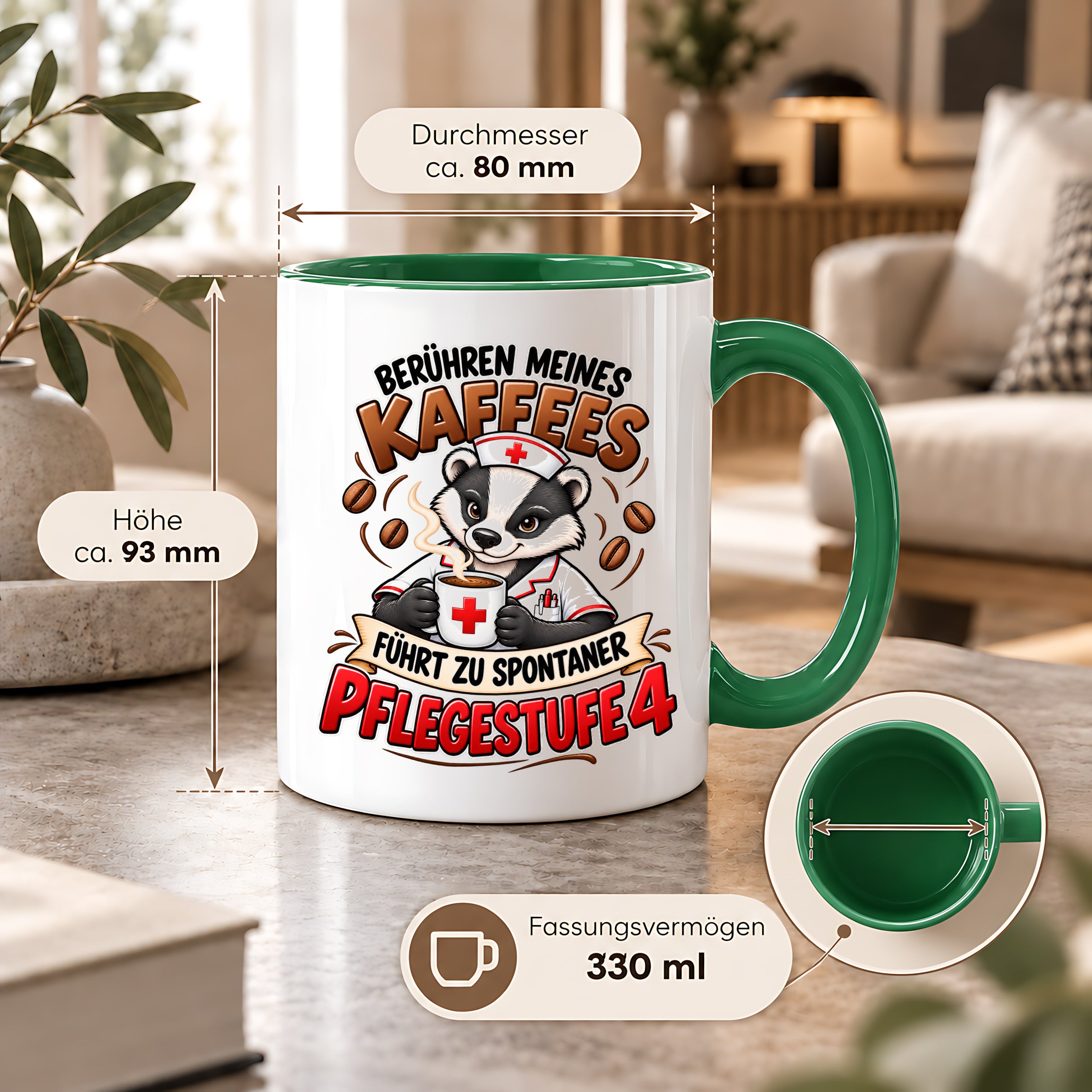 Herzbotschaft Tasse Pflege – Berühren meines Kaffees führt zu spontaner Pflegestufe 4, lustige Kaffeetasse für Pflegekräfte, Krankenschwester, Krankenpfleger und Pflegepersonal, witziges Geschenk für Kollegen, 330 ml Keramiktasse