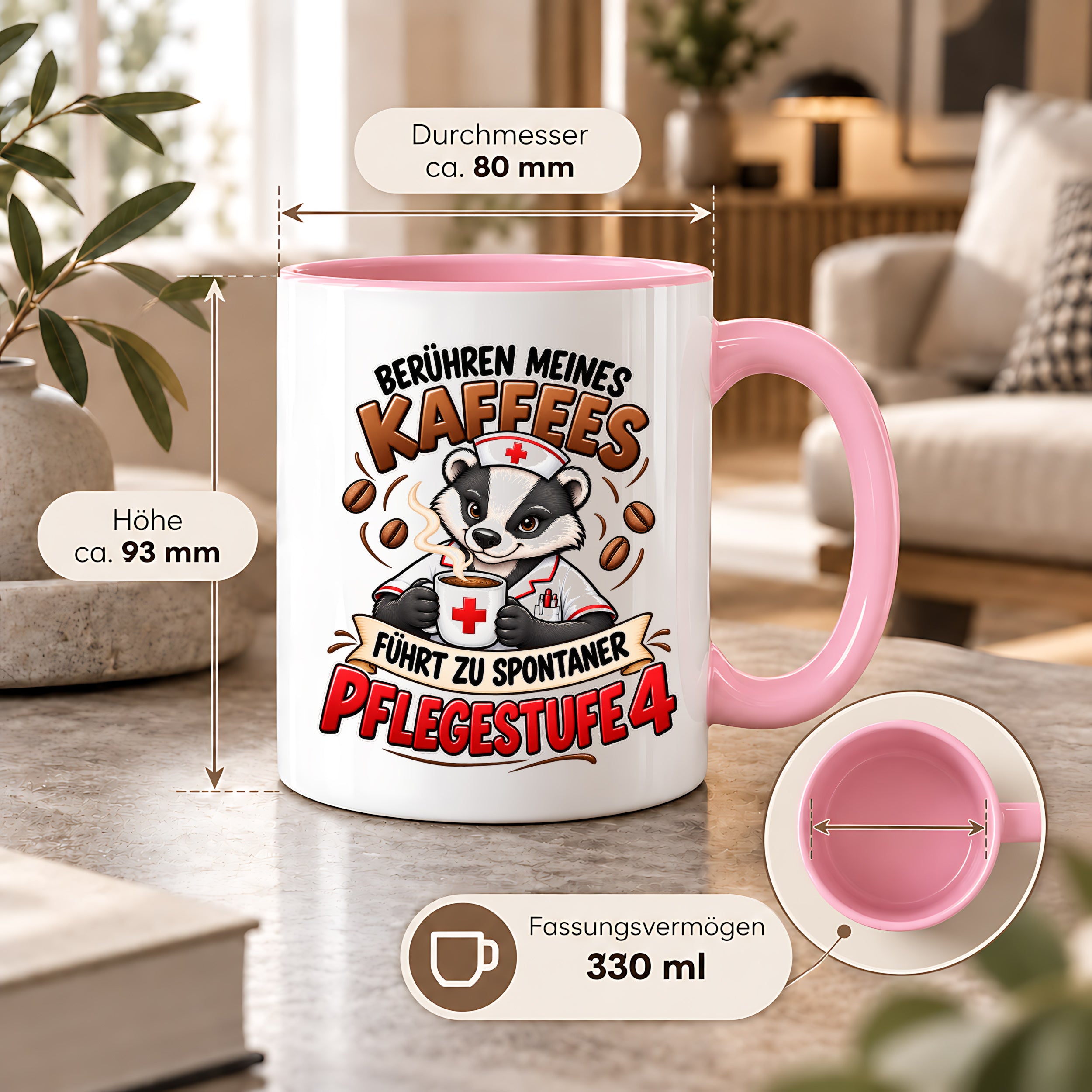 Herzbotschaft Tasse Pflege – Berühren meines Kaffees führt zu spontaner Pflegestufe 4, lustige Kaffeetasse für Pflegekräfte, Krankenschwester, Krankenpfleger und Pflegepersonal, witziges Geschenk für Kollegen, 330 ml Keramiktasse