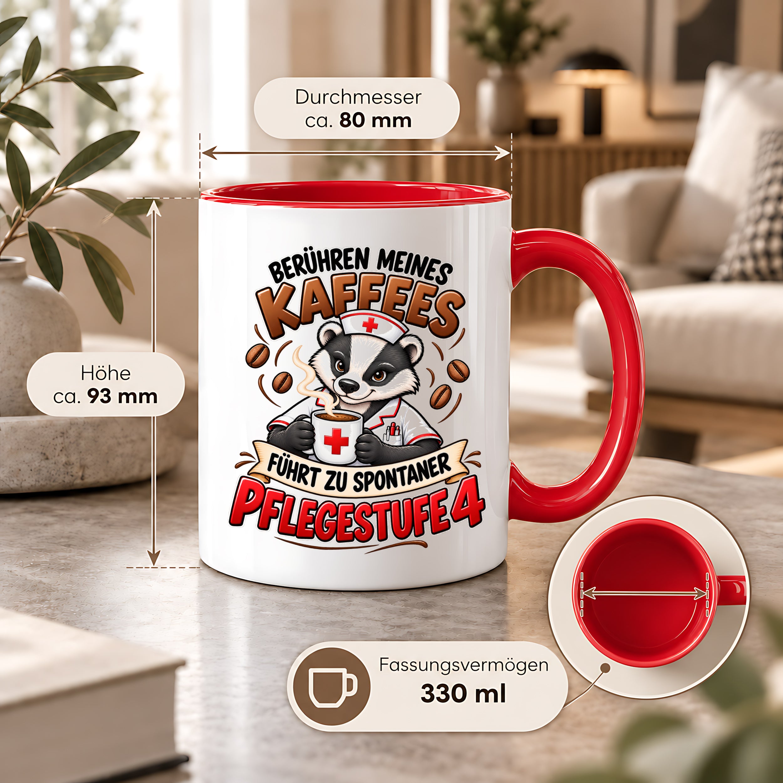 Herzbotschaft Tasse Pflege – Berühren meines Kaffees führt zu spontaner Pflegestufe 4, lustige Kaffeetasse für Pflegekräfte, Krankenschwester, Krankenpfleger und Pflegepersonal, witziges Geschenk für Kollegen, 330 ml Keramiktasse