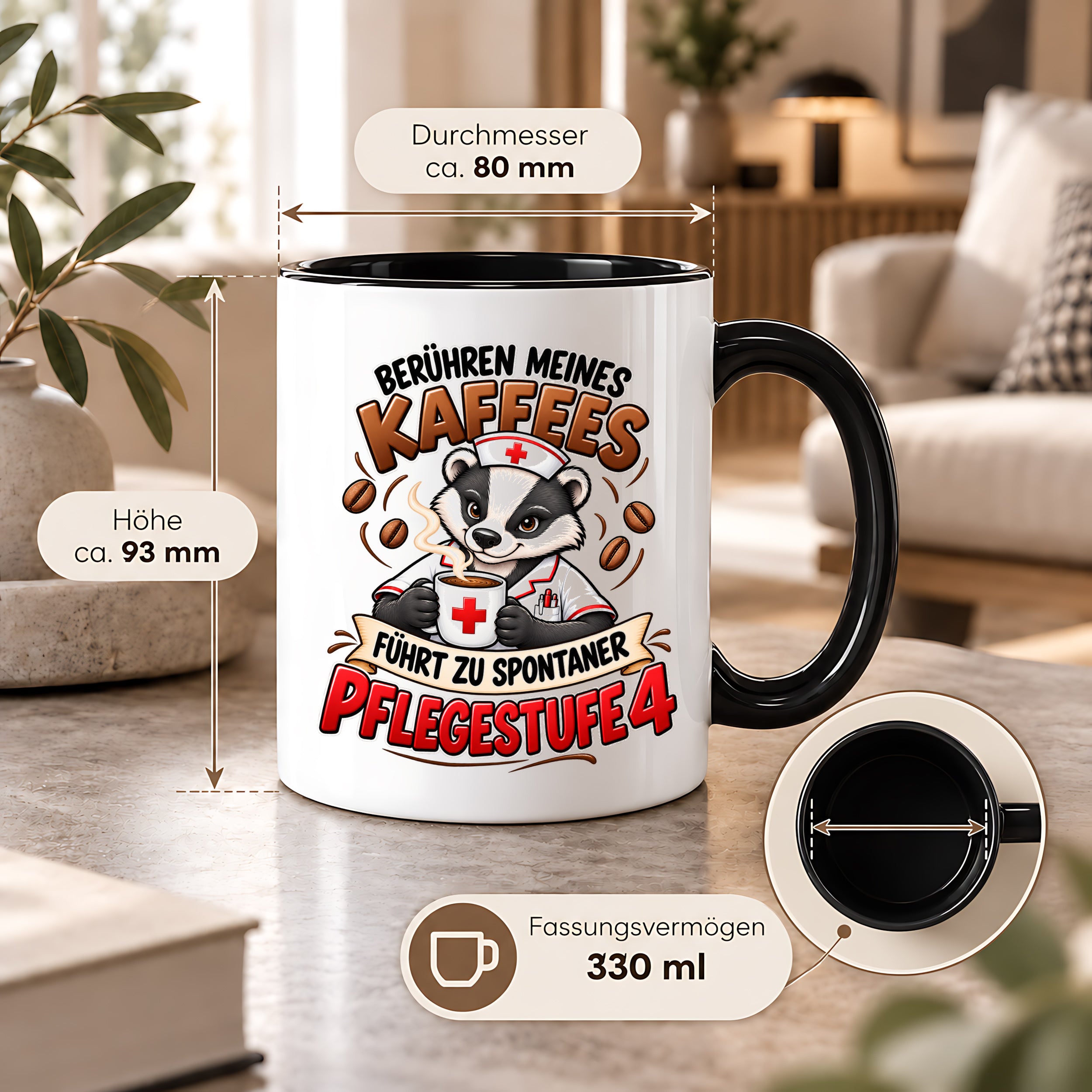 Herzbotschaft Tasse Pflege – Berühren meines Kaffees führt zu spontaner Pflegestufe 4, lustige Kaffeetasse für Pflegekräfte, Krankenschwester, Krankenpfleger und Pflegepersonal, witziges Geschenk für Kollegen, 330 ml Keramiktasse