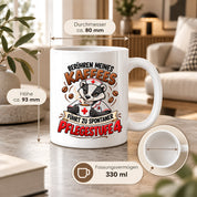 Herzbotschaft Tasse Pflege – Berühren meines Kaffees führt zu spontaner Pflegestufe 4, lustige Kaffeetasse für Pflegekräfte, Krankenschwester, Krankenpfleger und Pflegepersonal, witziges Geschenk für Kollegen, 330 ml Keramiktasse